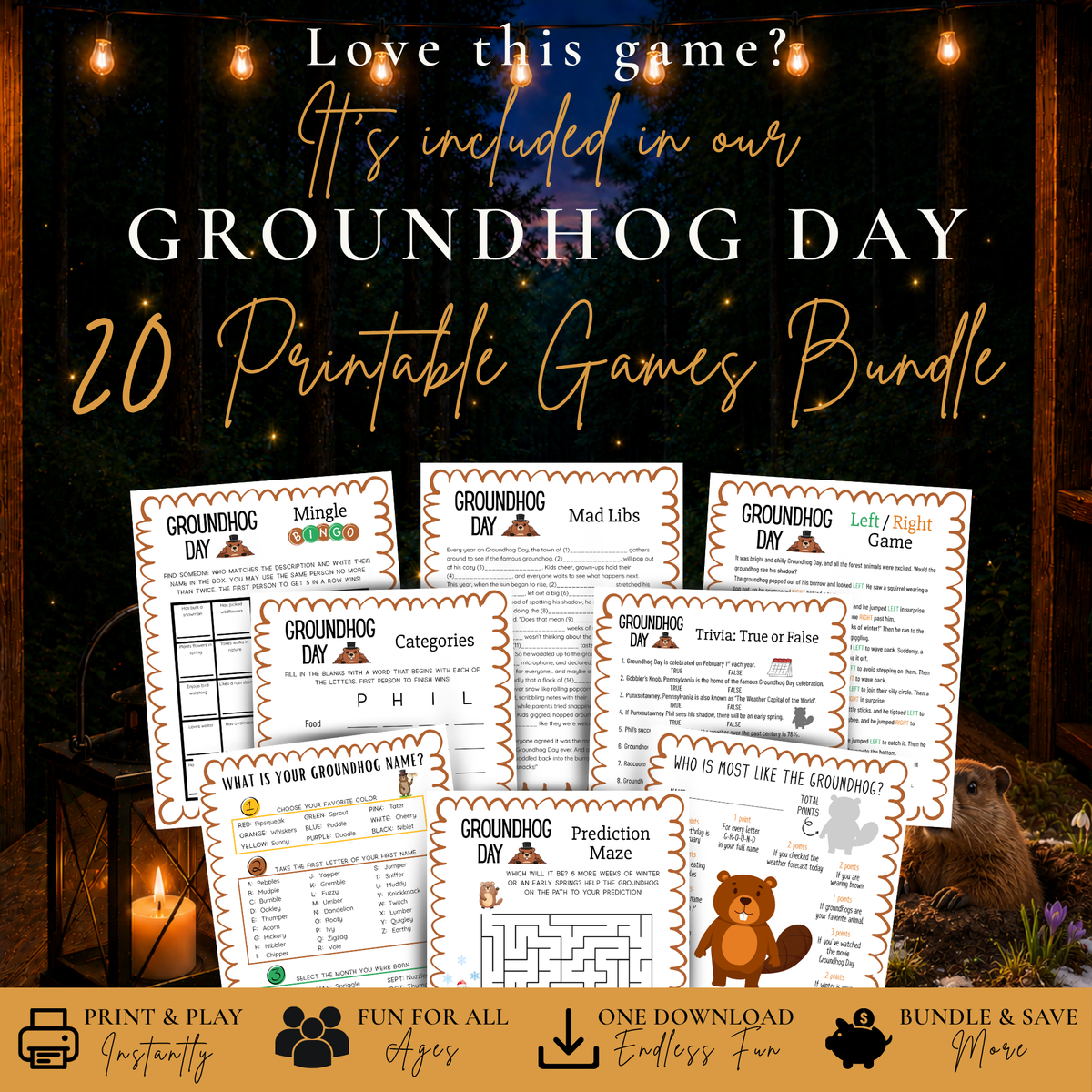 Groundhog Day 20 Printable Games Bundle featuring party games and activities for all ages