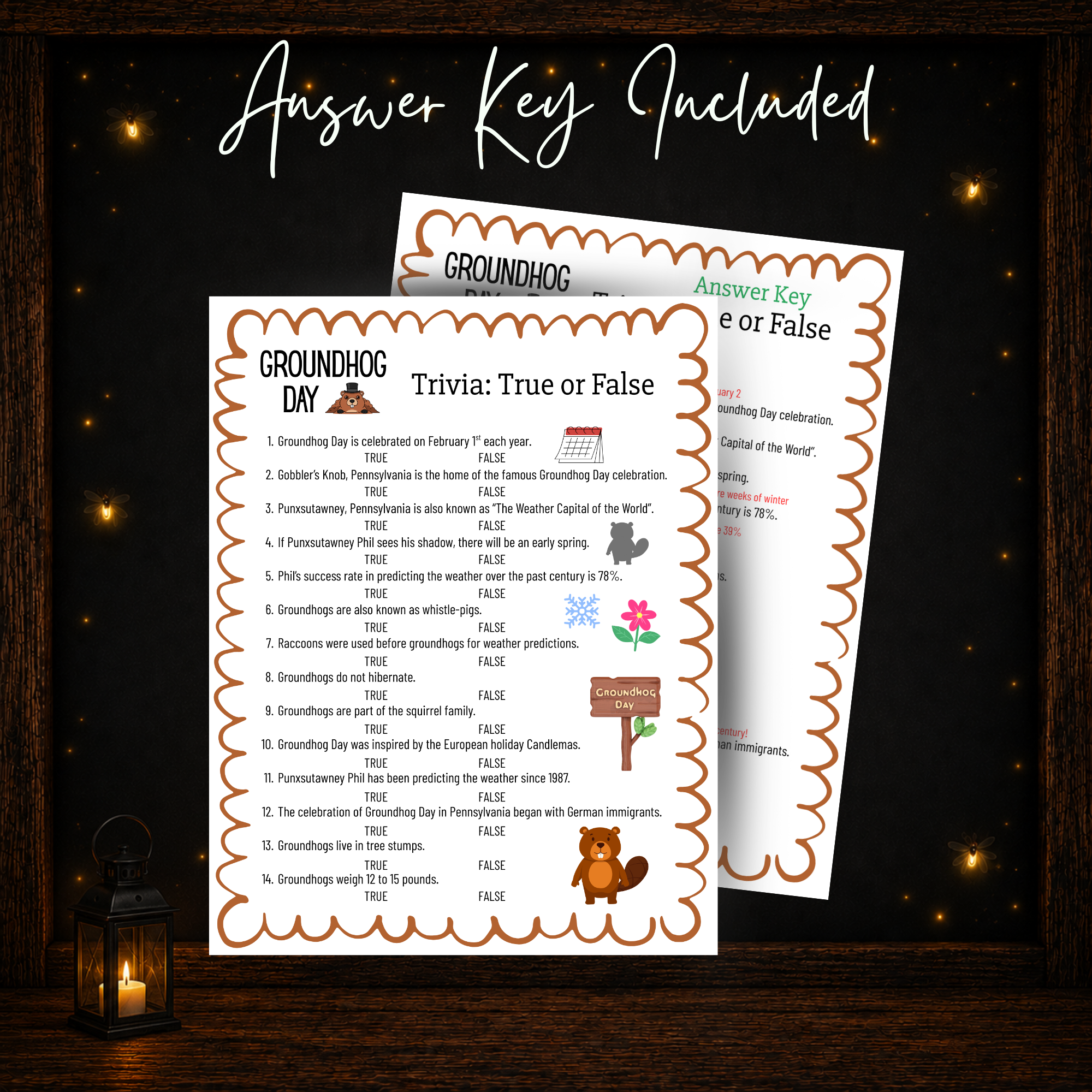 Groundhog Day Trivia True or False printable game with answer key included