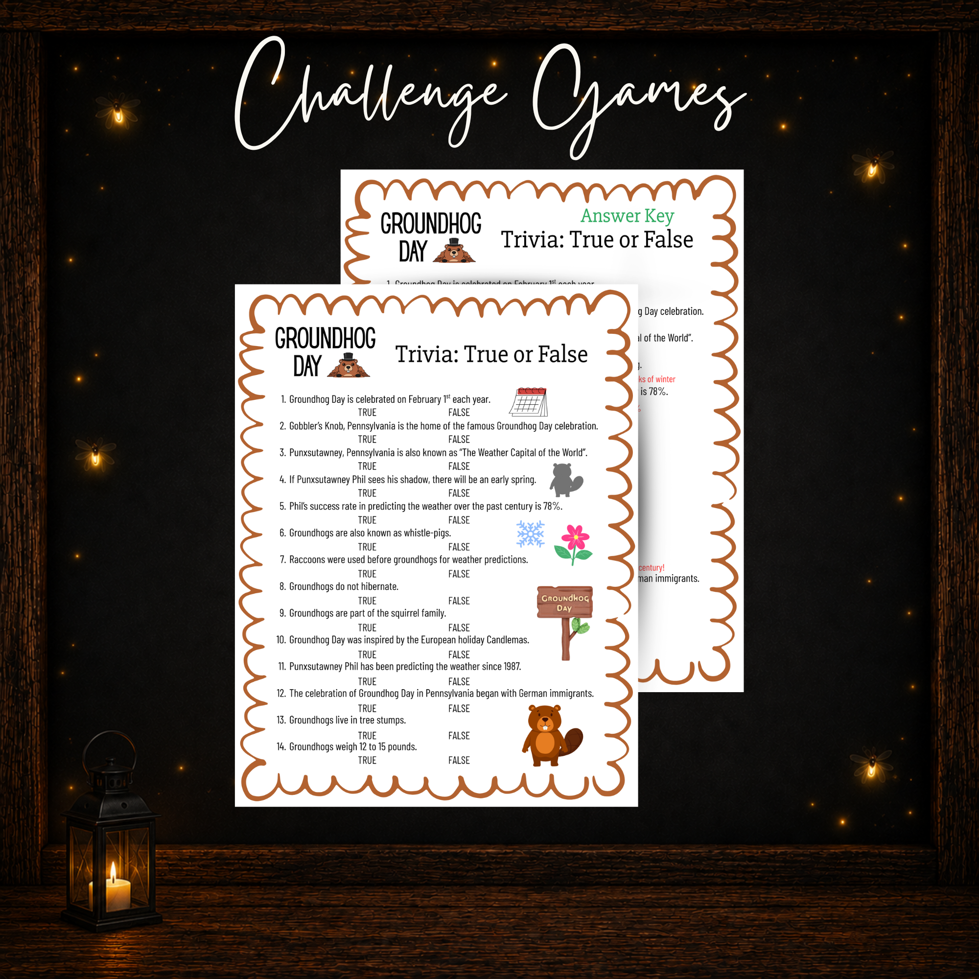 Groundhog Day printable True or False trivia game with answer key