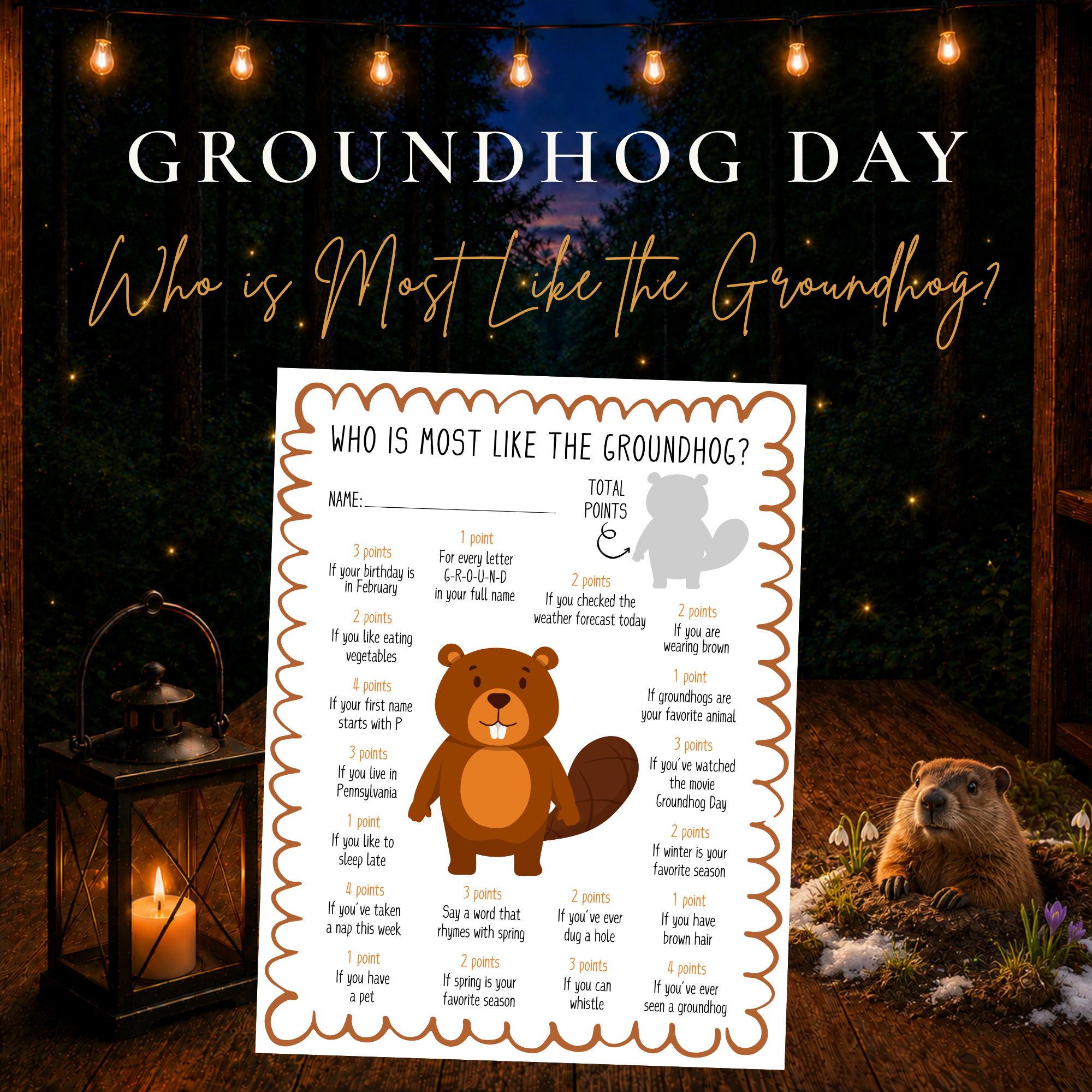 Who Is Most Like the Groundhog printable Groundhog Day game for families, classrooms, homeschool groups, and February parties