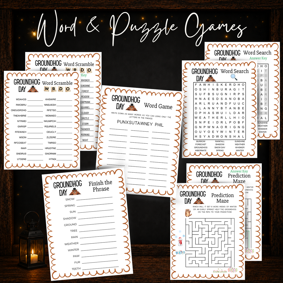 Groundhog Day printable word and puzzle games including Word Scramble, Word Search, Word Game, Finish the Phrase and Prediction Maze