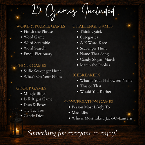 List of 25 printable Halloween games including word games challenge games icebreakers group games and conversation games
