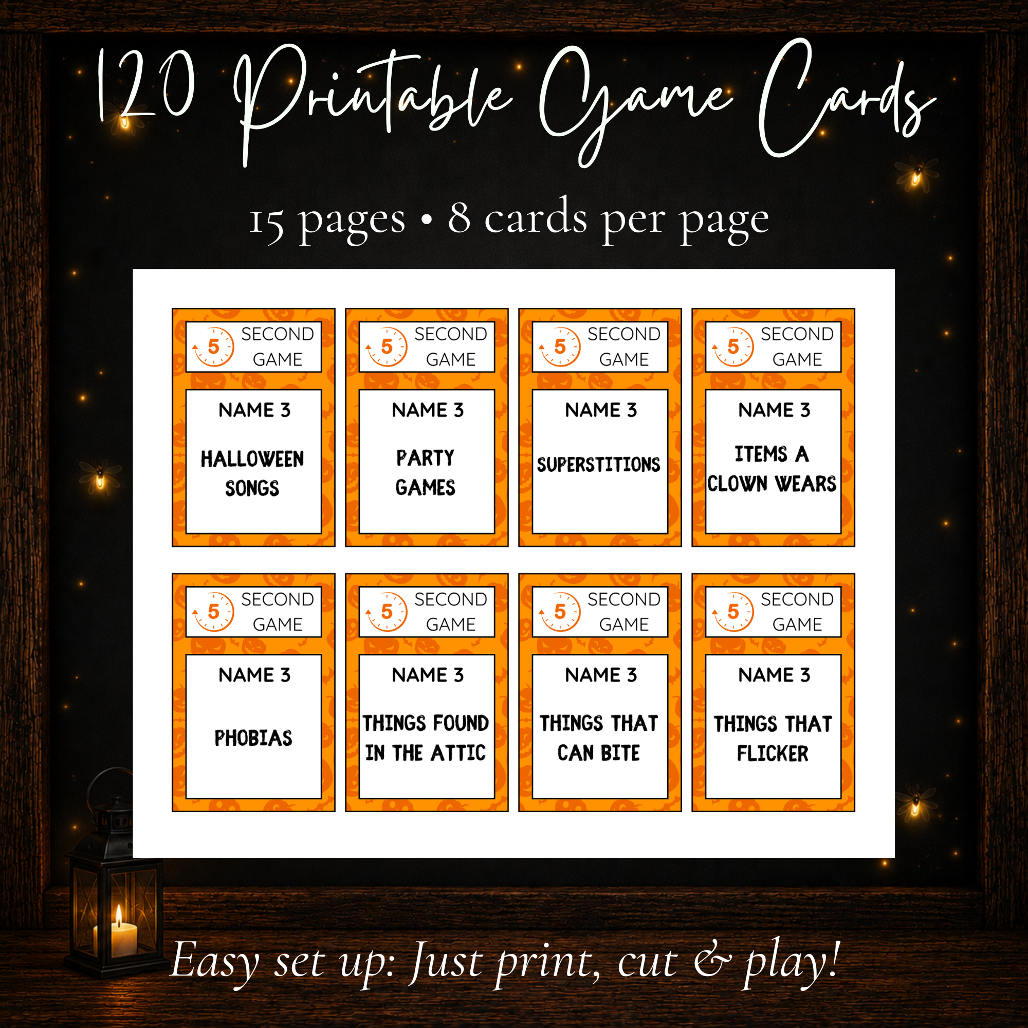 120 printable Halloween 5 Second Game cards with 8 challenge cards per page