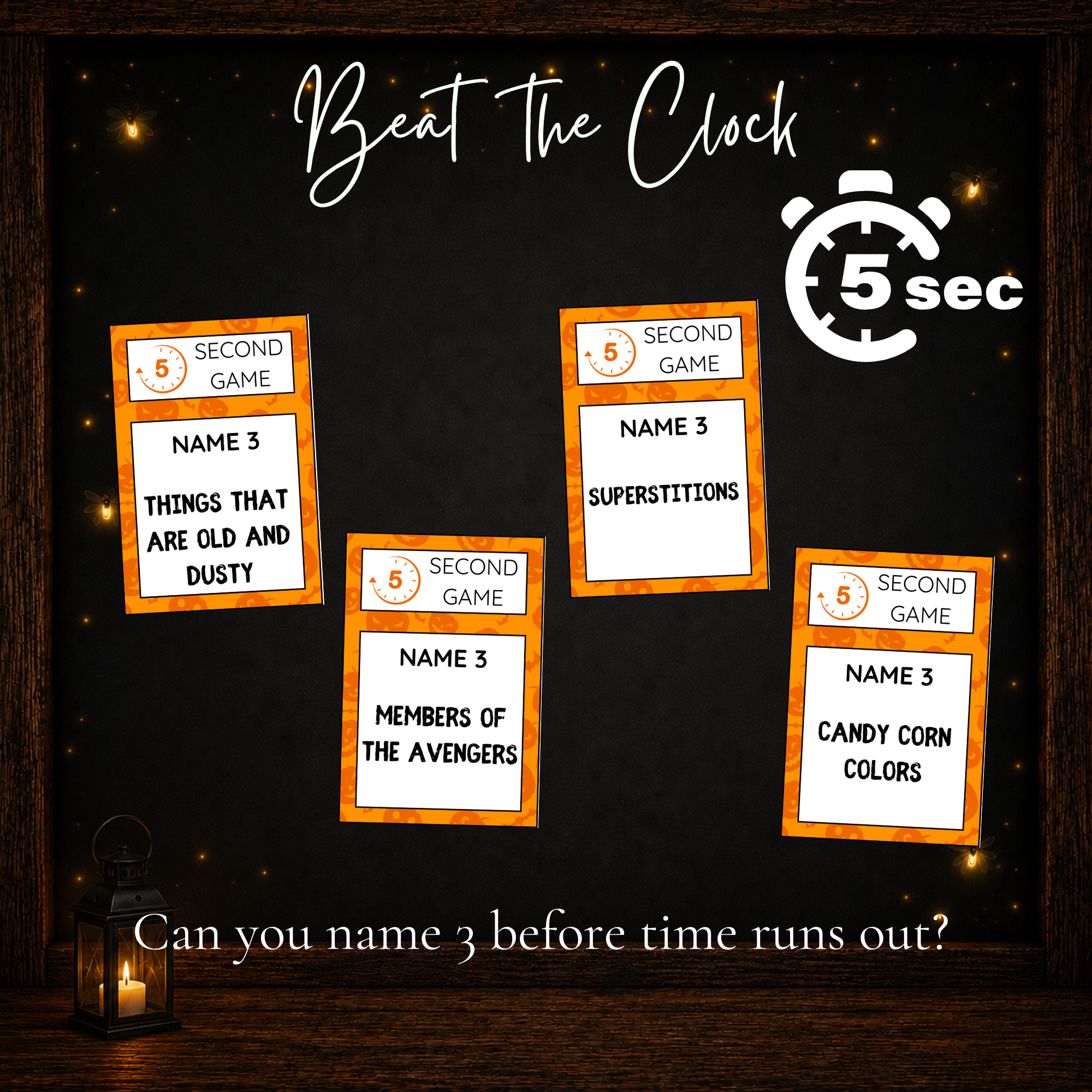 Halloween 5 Second Game Name 3 challenge cards for fast-paced party fun