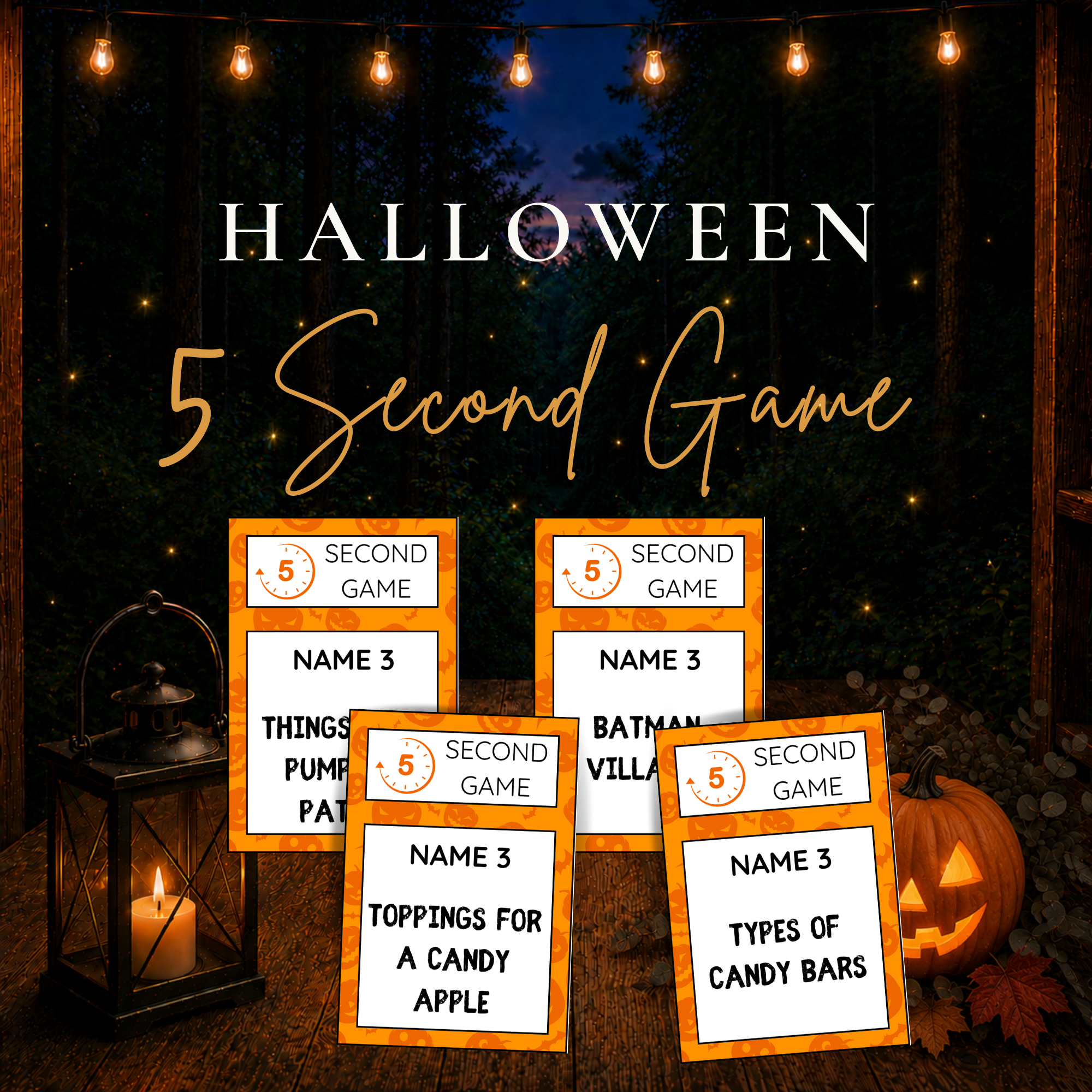 Halloween 5 Second Game printable party game with orange Name 3 challenge cards