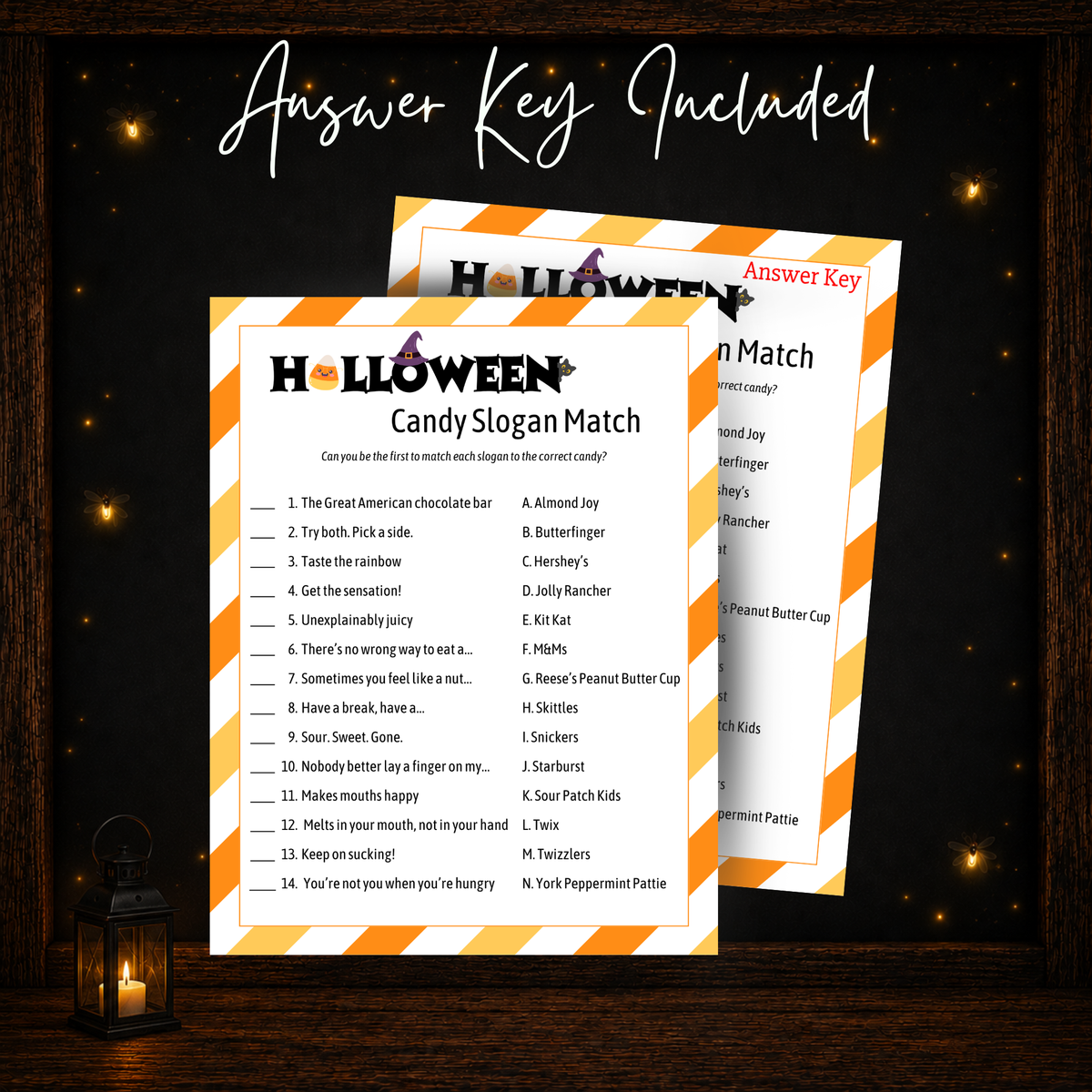 Halloween Candy Slogan Match printable game and included answer key for easy scoring