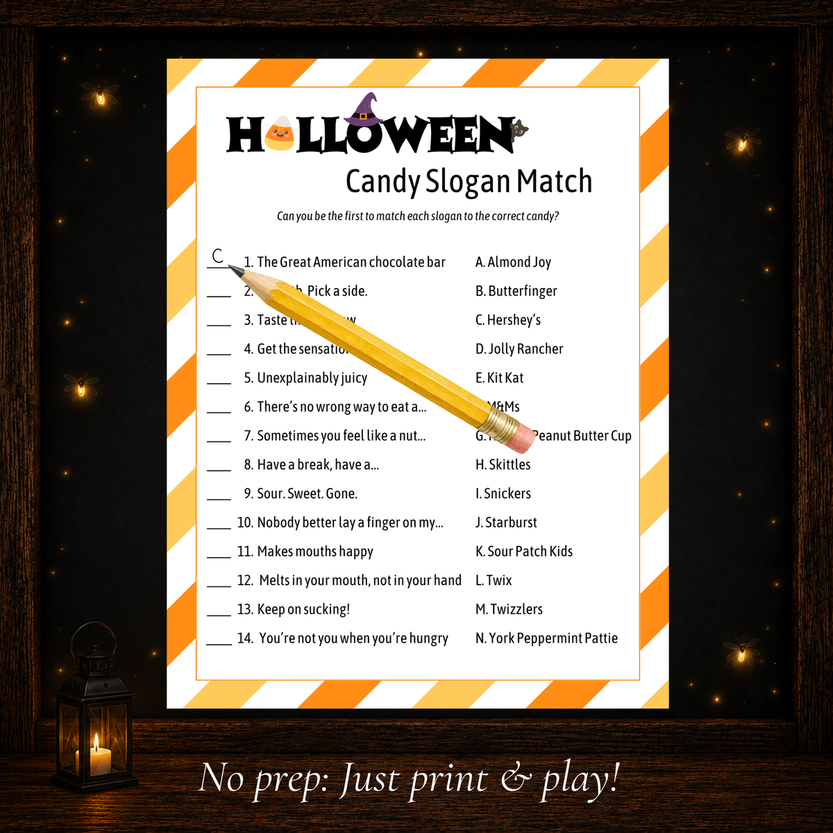Printable Halloween candy slogan matching game with 14 popular candy slogans to match