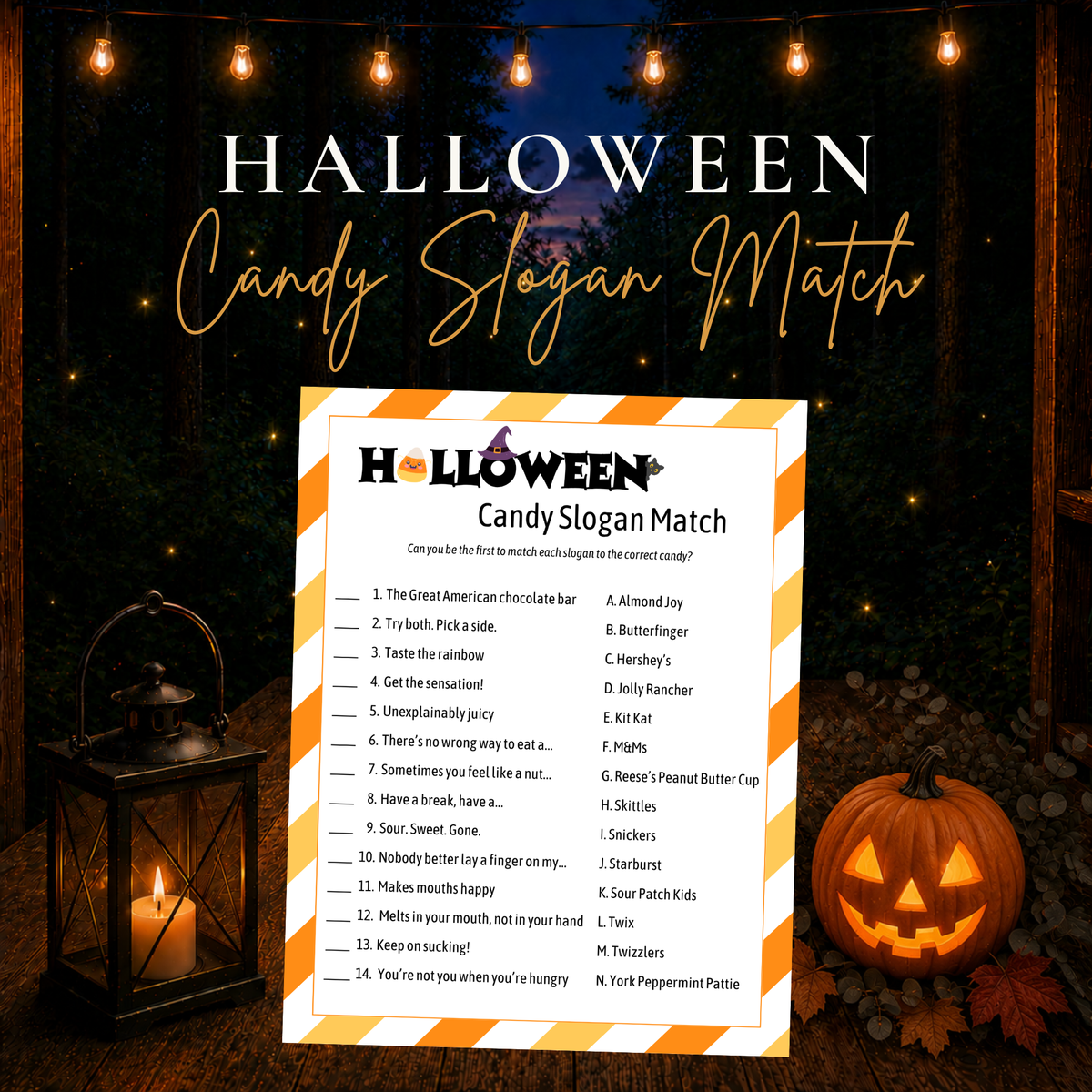 Halloween Candy Slogan Match printable game for Halloween parties, classrooms and family game nights