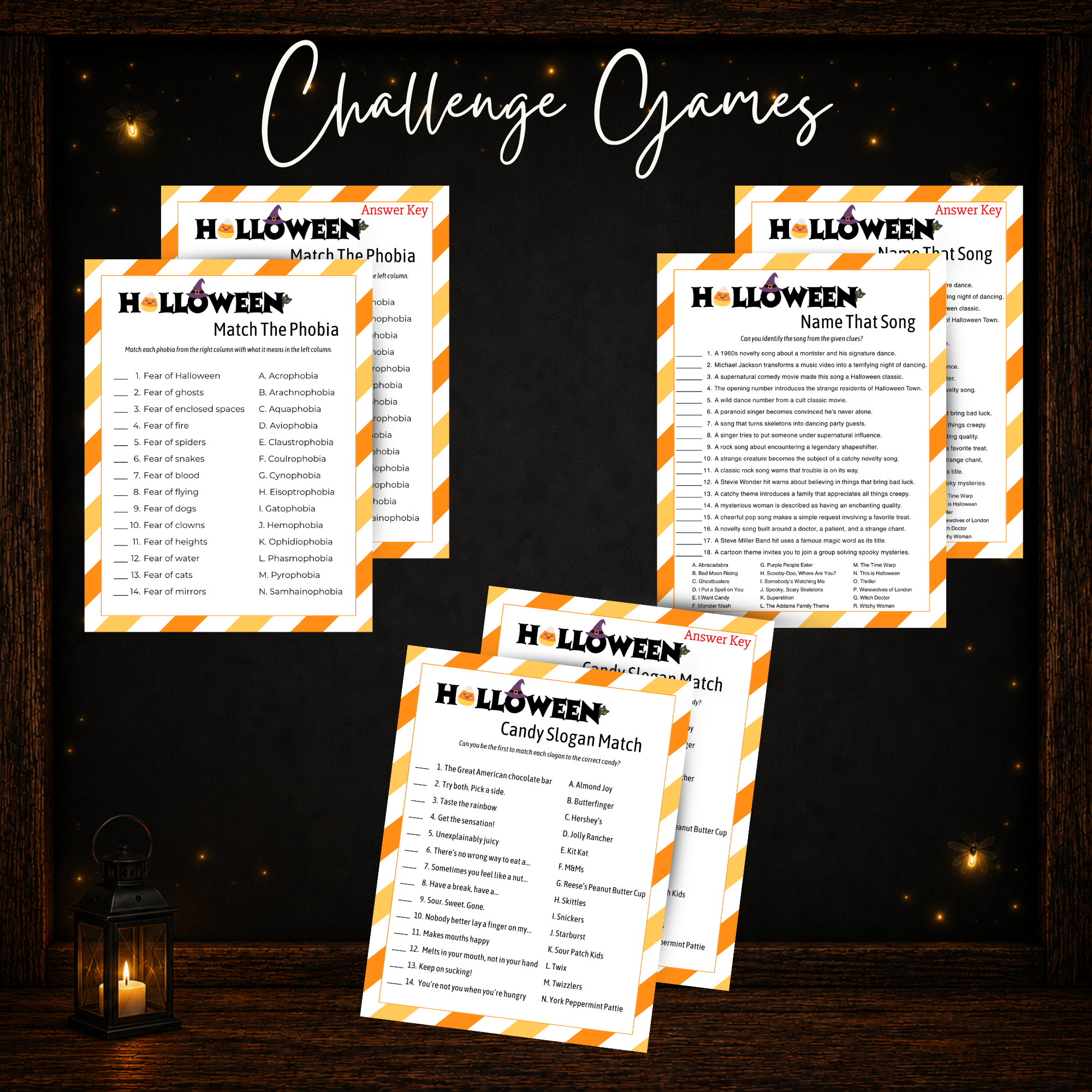 Halloween Match the Phobia Name That Song and Candy Slogan Match printable games with answer keys