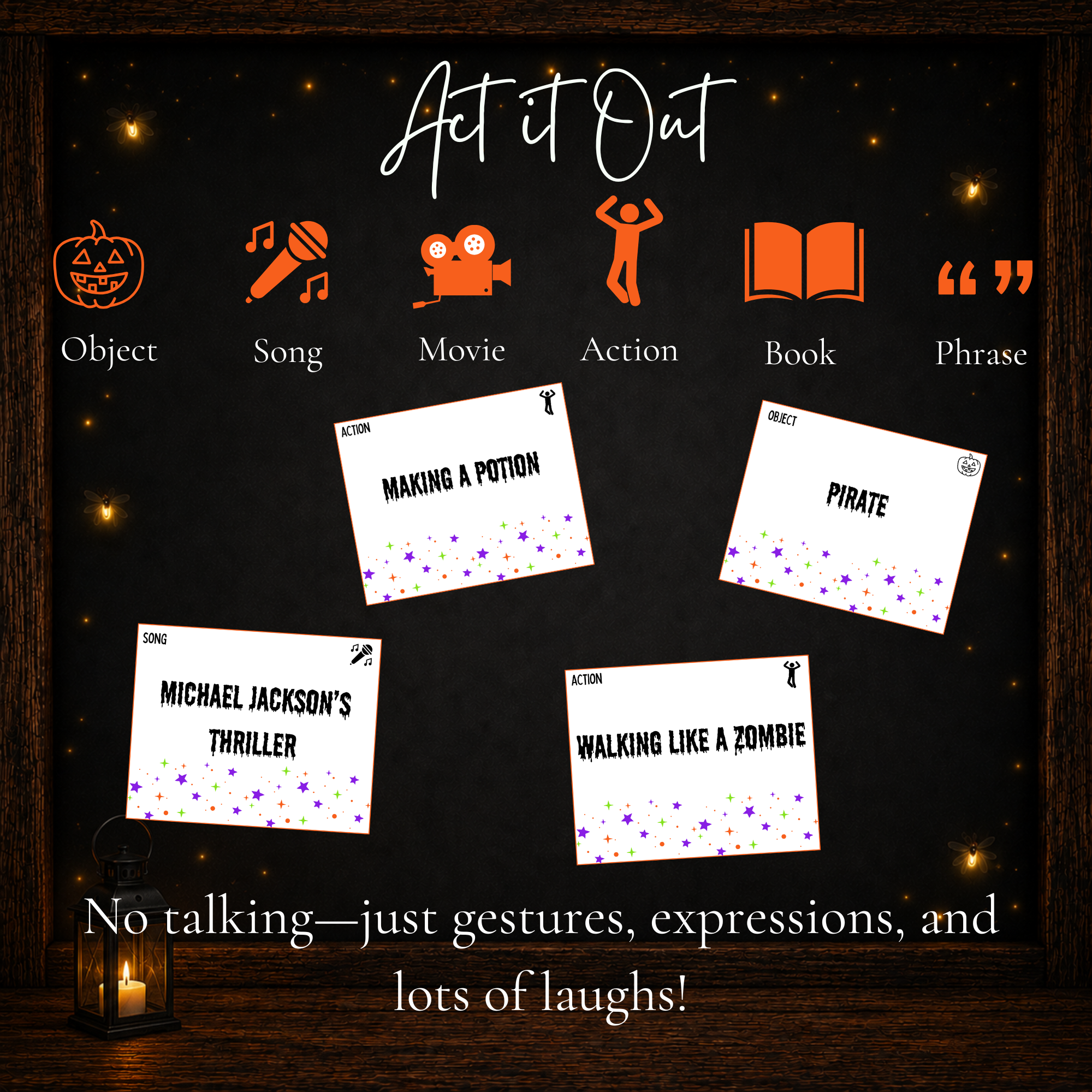 Halloween Charades game cards with object, song, movie, action, book and phrase categories