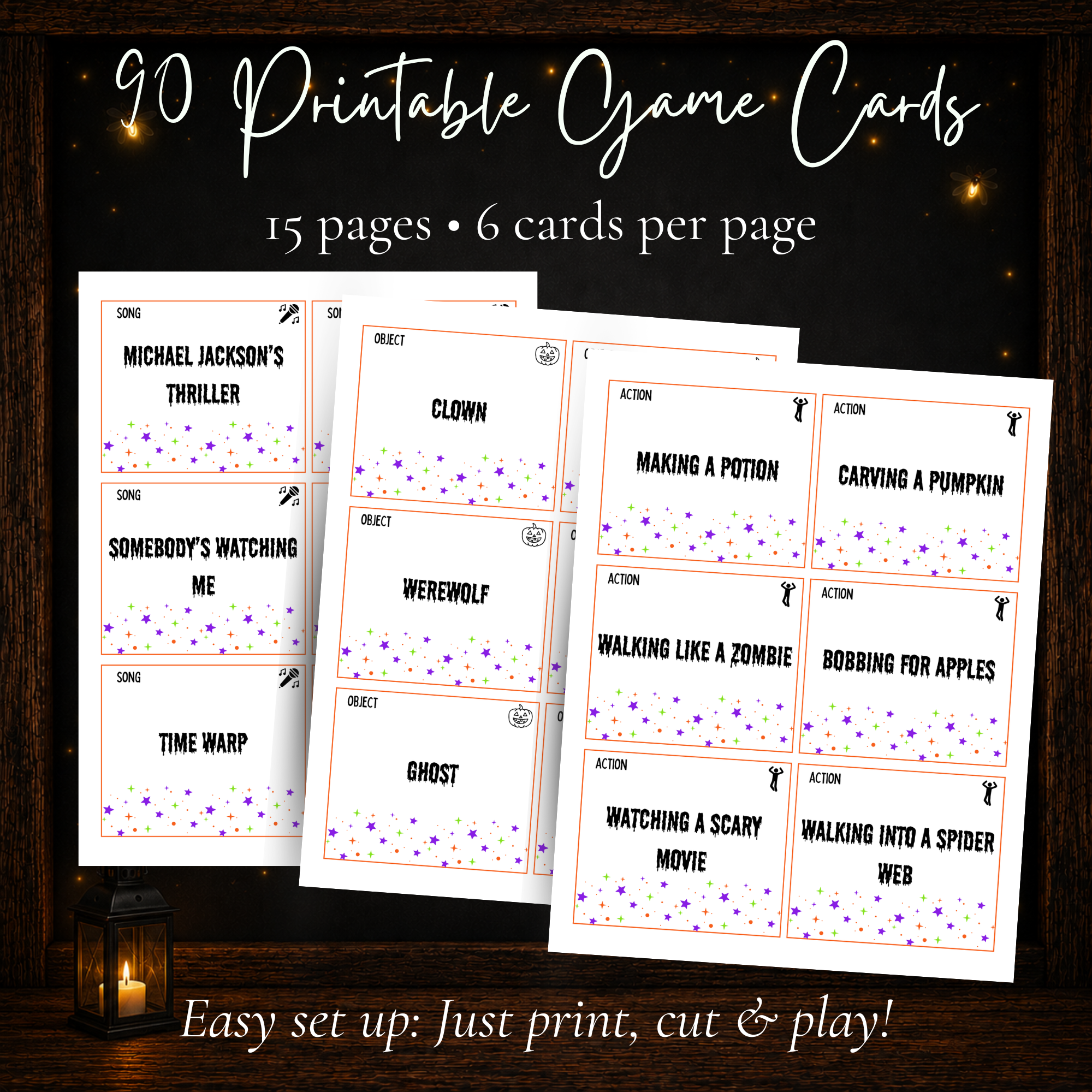 90 printable Halloween Charades game cards with 15 pages and 6 cards per page