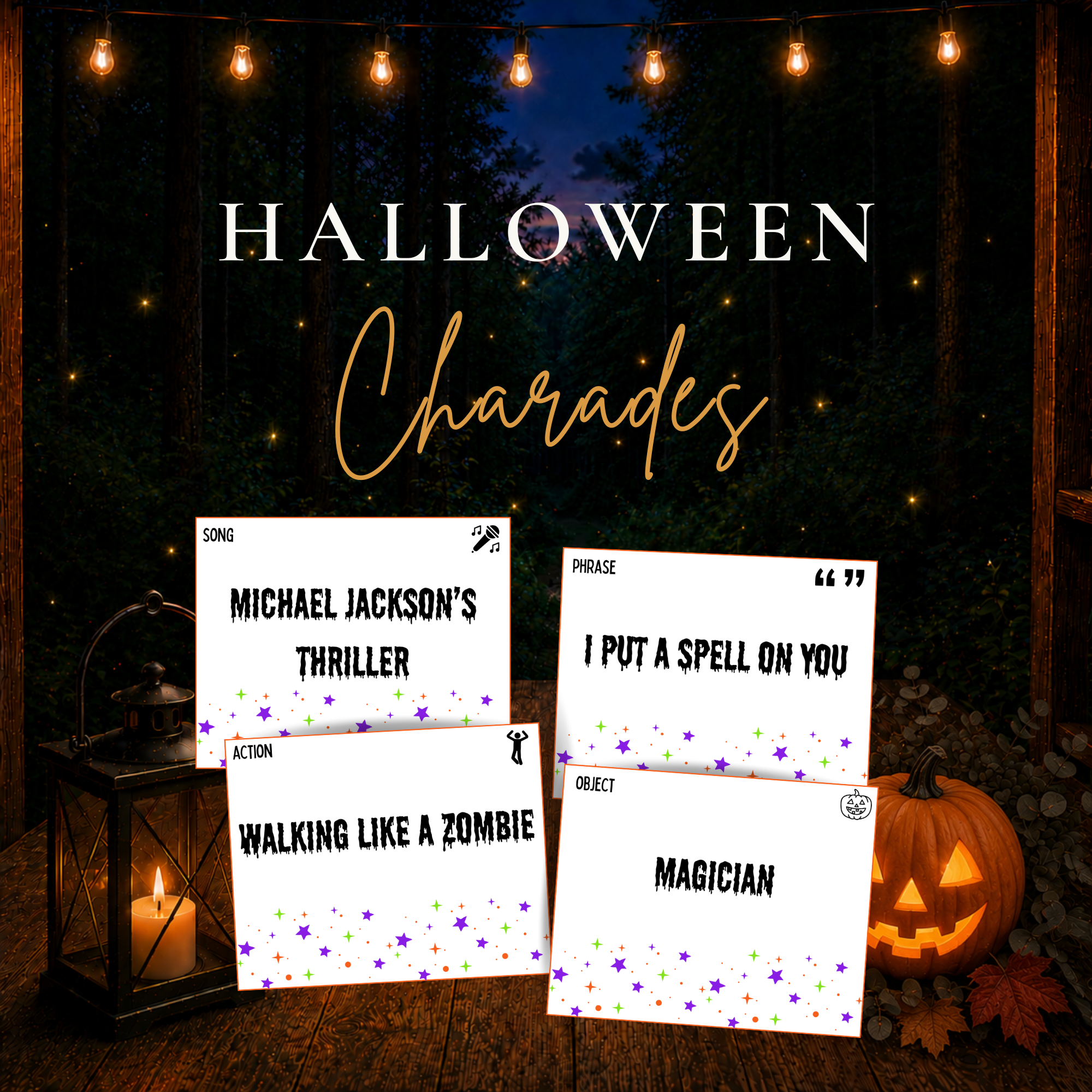 Halloween Charades printable game with Halloween party game cards for songs, phrases, actions and objects