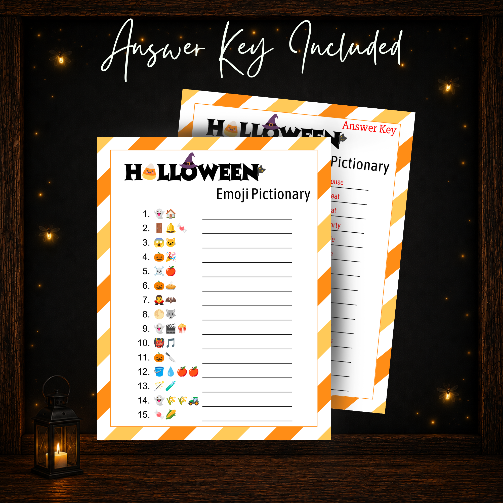 Halloween Emoji Pictionary printable game sheet with included answer key