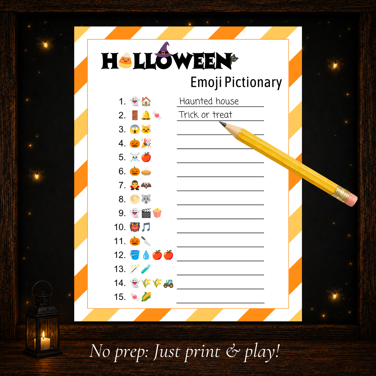 Printable Halloween Emoji Pictionary party game with fun emoji clues to solve