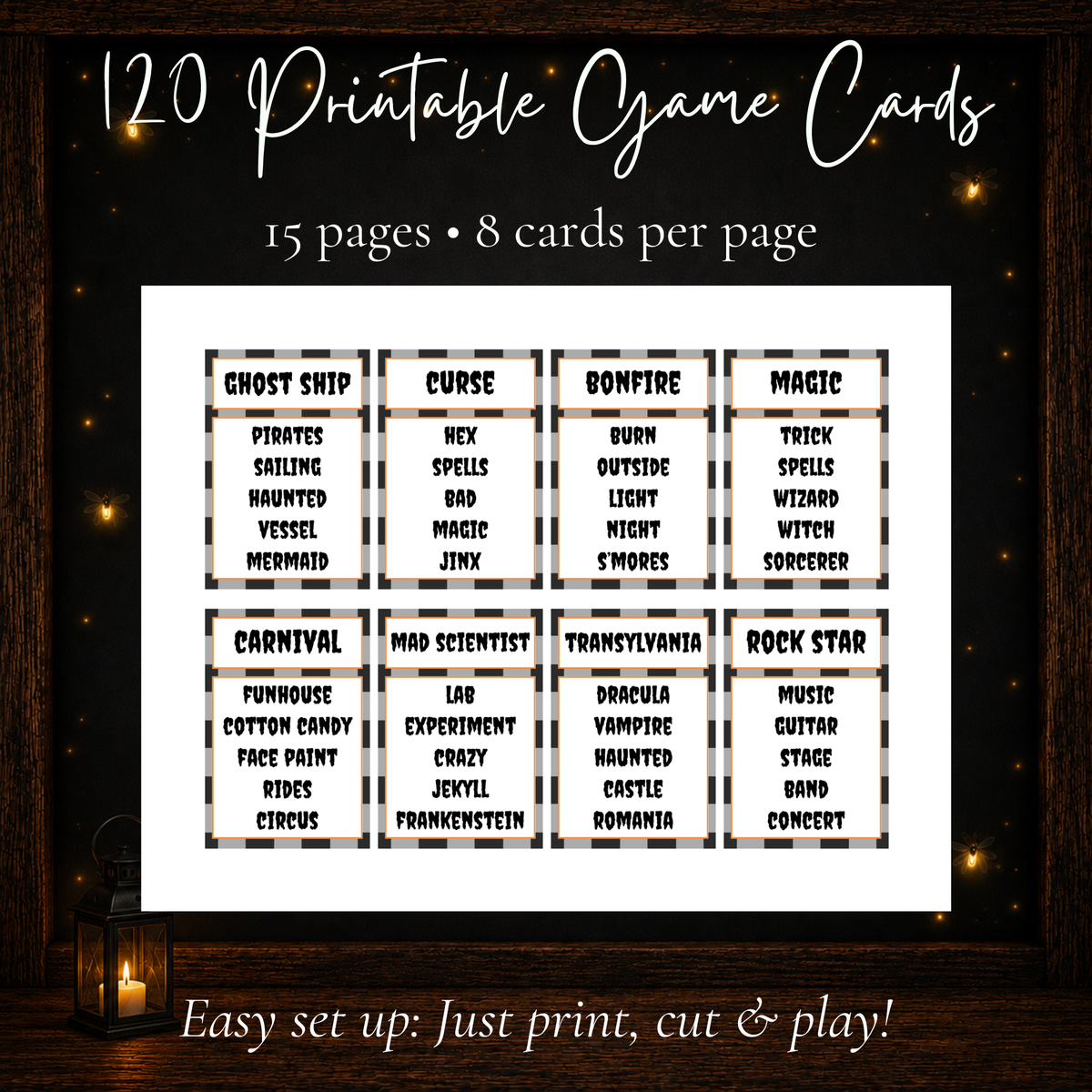 120 printable Halloween Forbidden Words game cards with 15 pages and 8 cards per page
