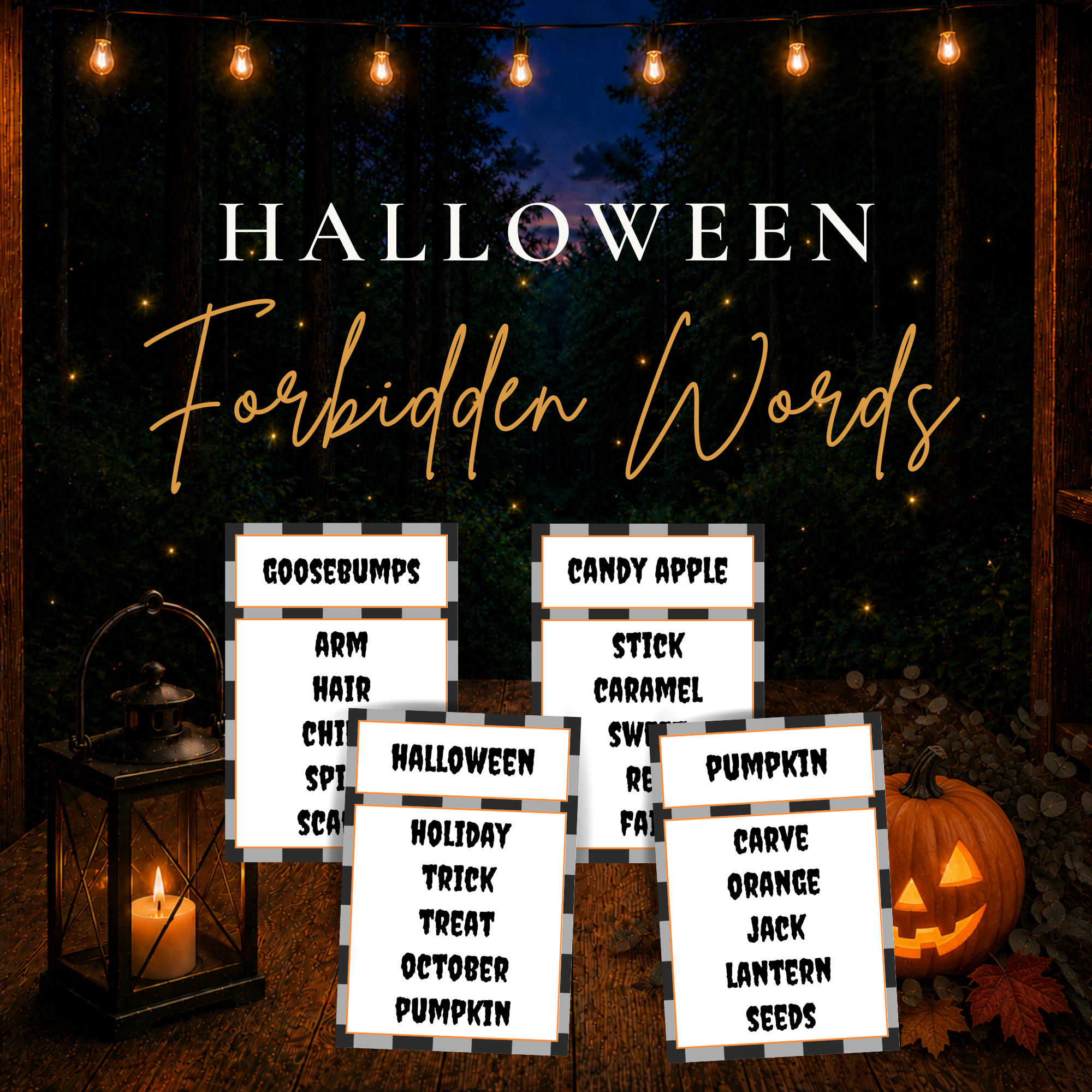 Halloween Forbidden Words printable word guessing game with spooky Halloween themed game cards