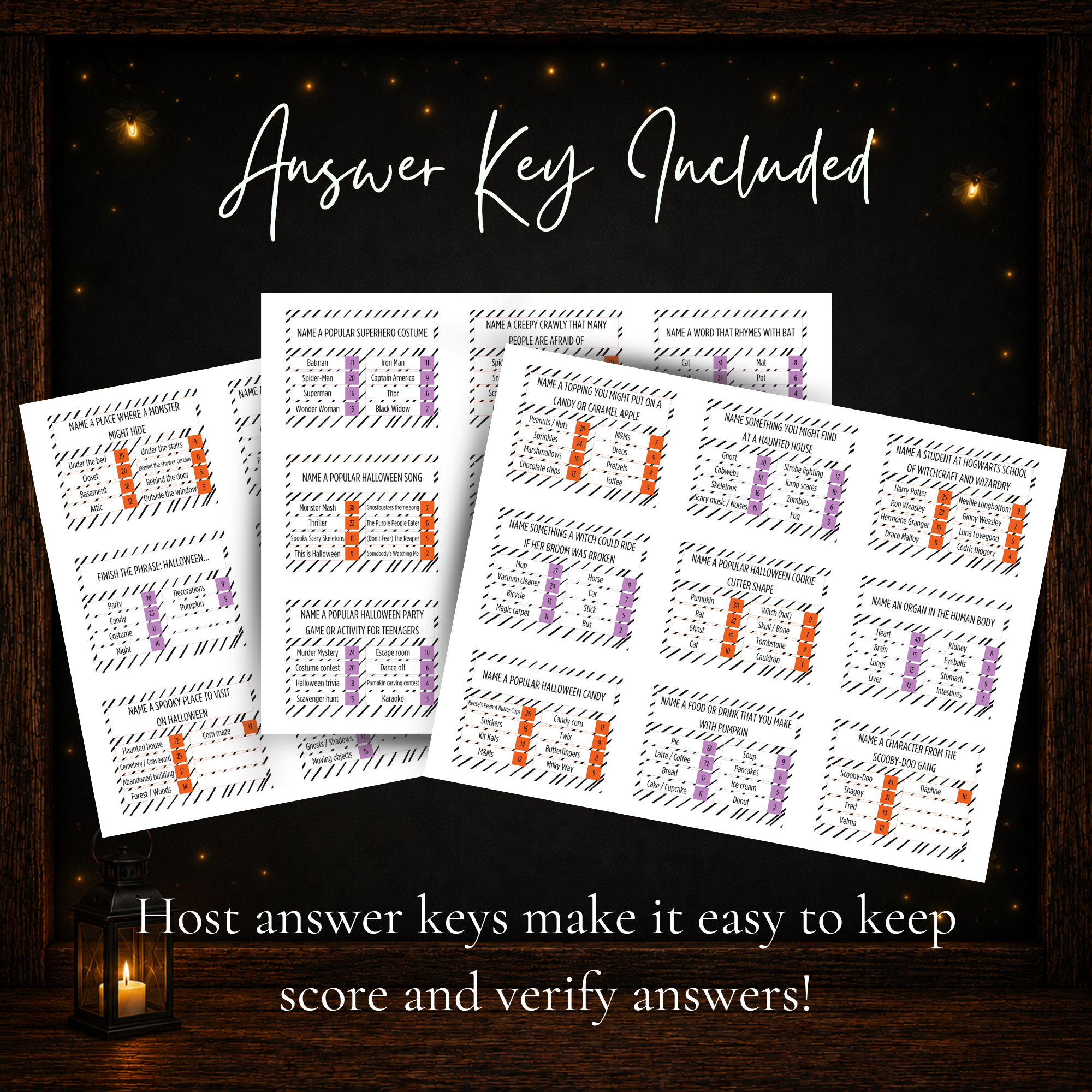 Halloween Friendly Feud printable game answer key pages with survey answers and point values