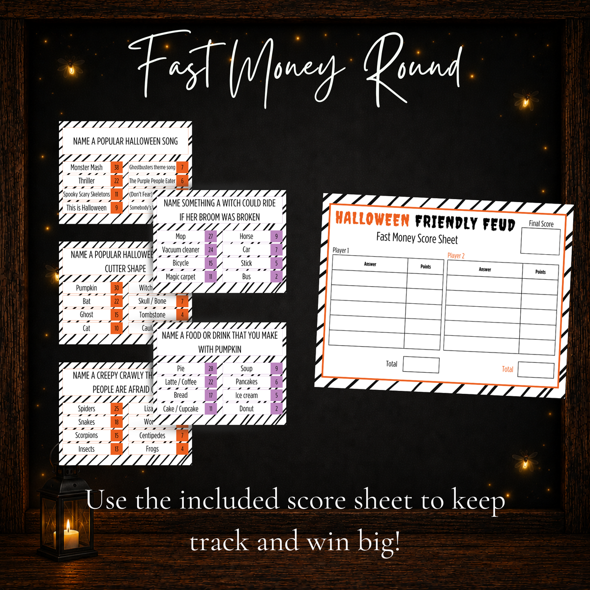 Halloween Friendly Feud Fast Money round with Halloween survey questions and printable score sheet
