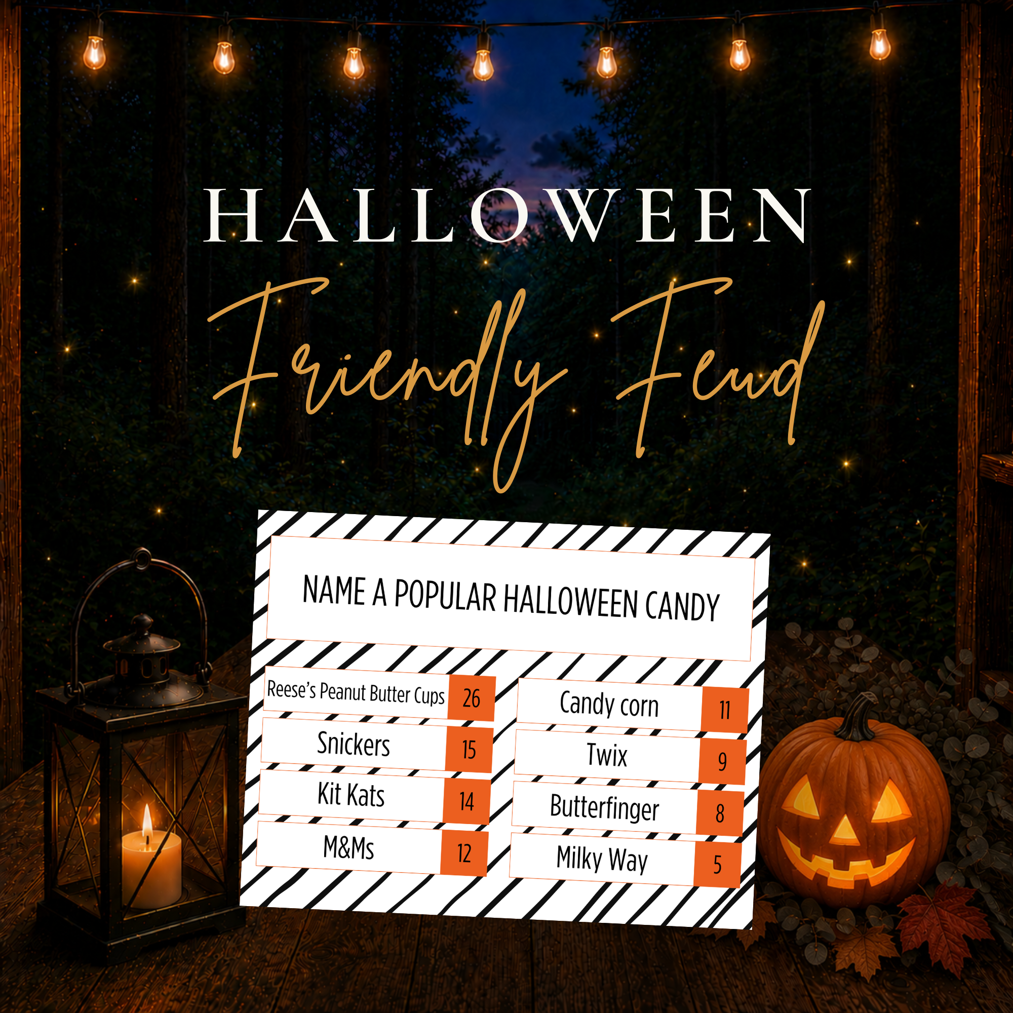 Halloween Friendly Feud printable party game with Halloween survey questions for families, teens and adults