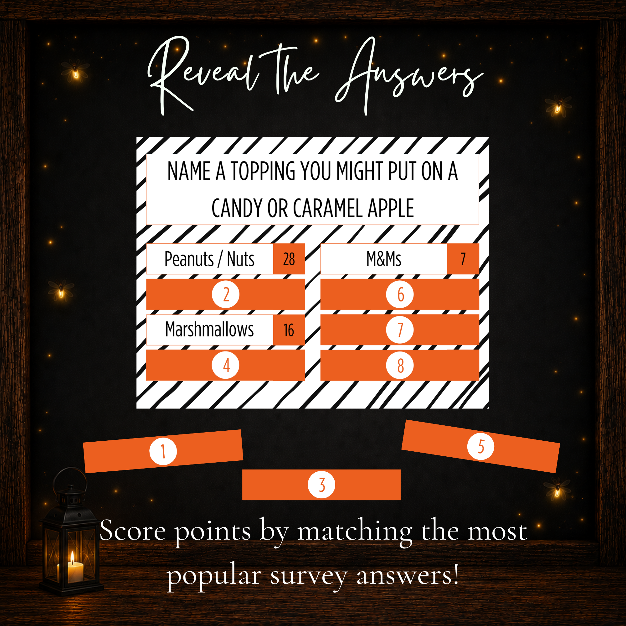 Halloween Friendly Feud survey game with printable answer covers for revealing popular Halloween answers