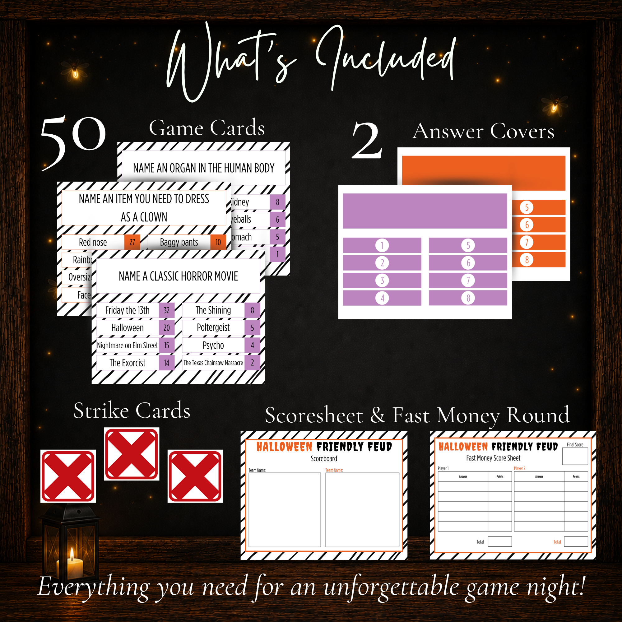 Halloween Friendly Feud printable game with 50 game cards, answer covers, strike cards, scoreboard and Fast Money round
