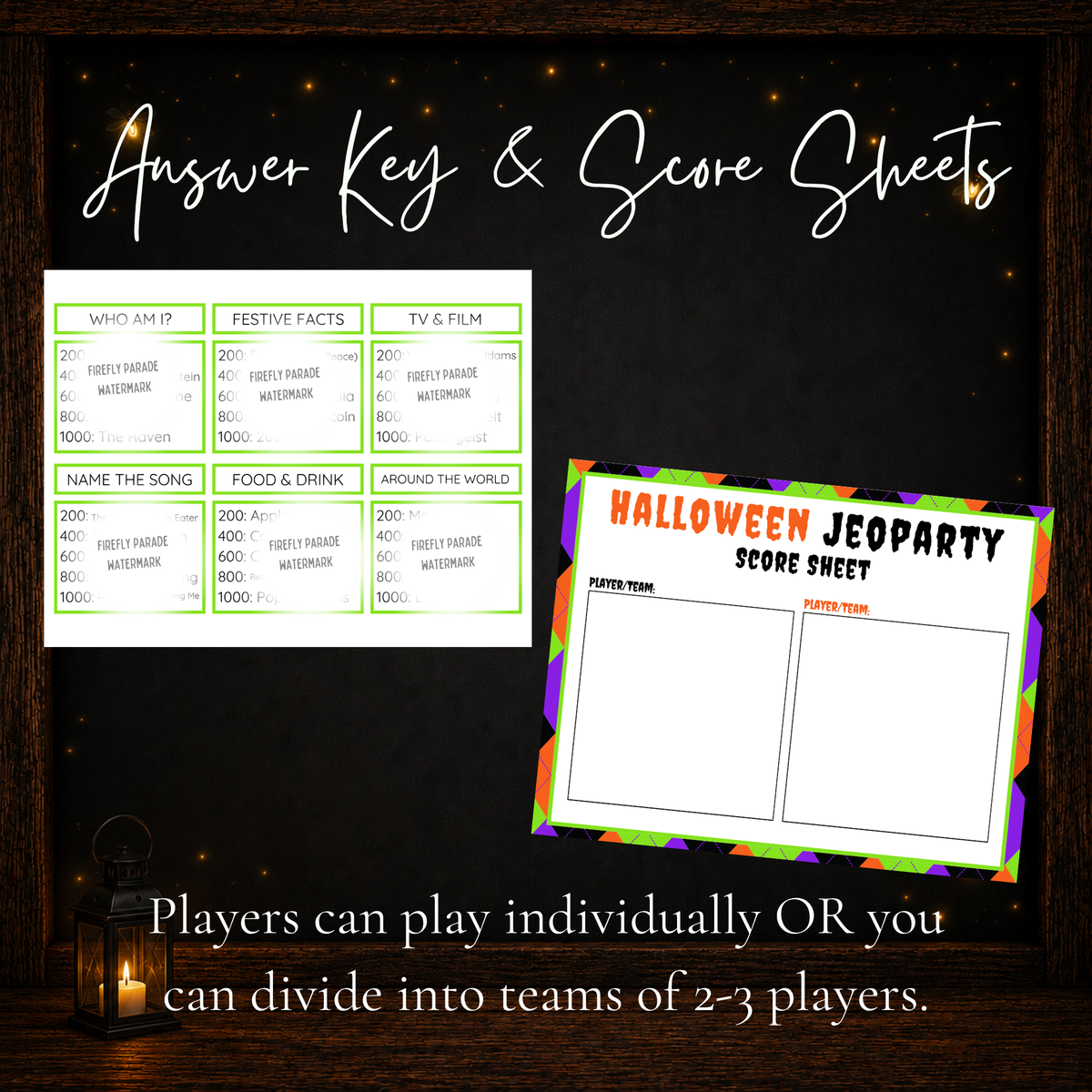 Halloween Jeoparty printable host answer key and player or team score sheet