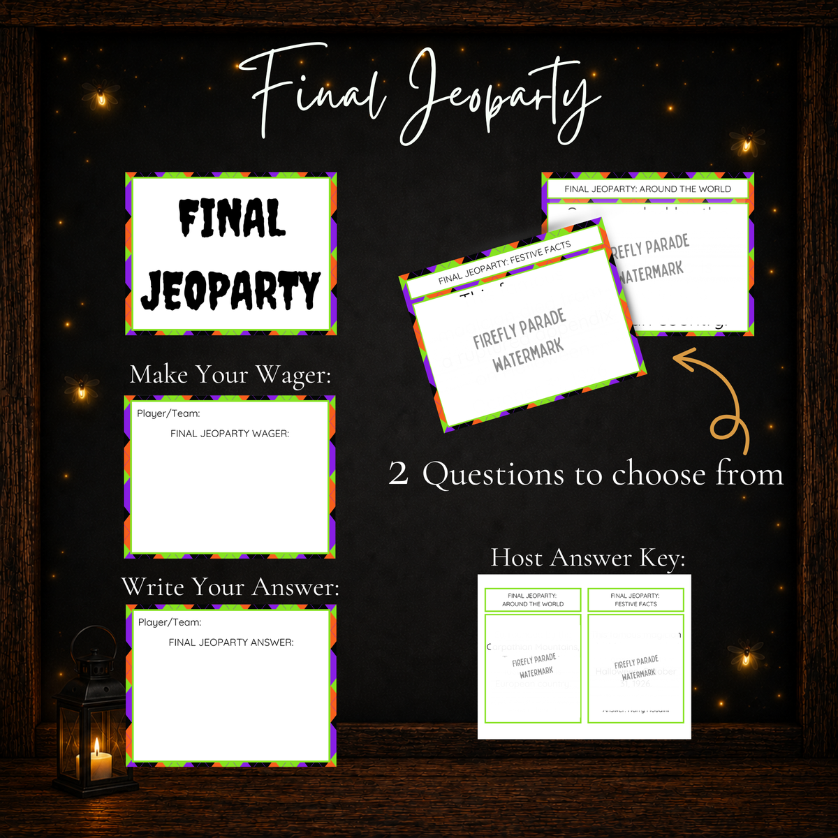 Final Jeoparty round with printable wager cards, answer cards, trivia questions and host answer key