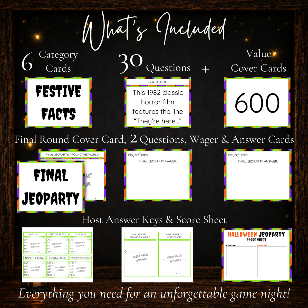 Halloween Jeoparty printable game with 6 categories, 30 trivia questions, value cards, answer keys and score sheet