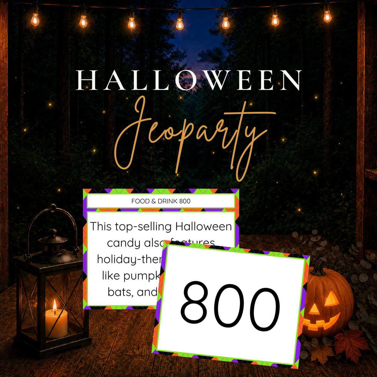 Printable Halloween Jeoparty trivia game with Halloween-themed question and point value cards