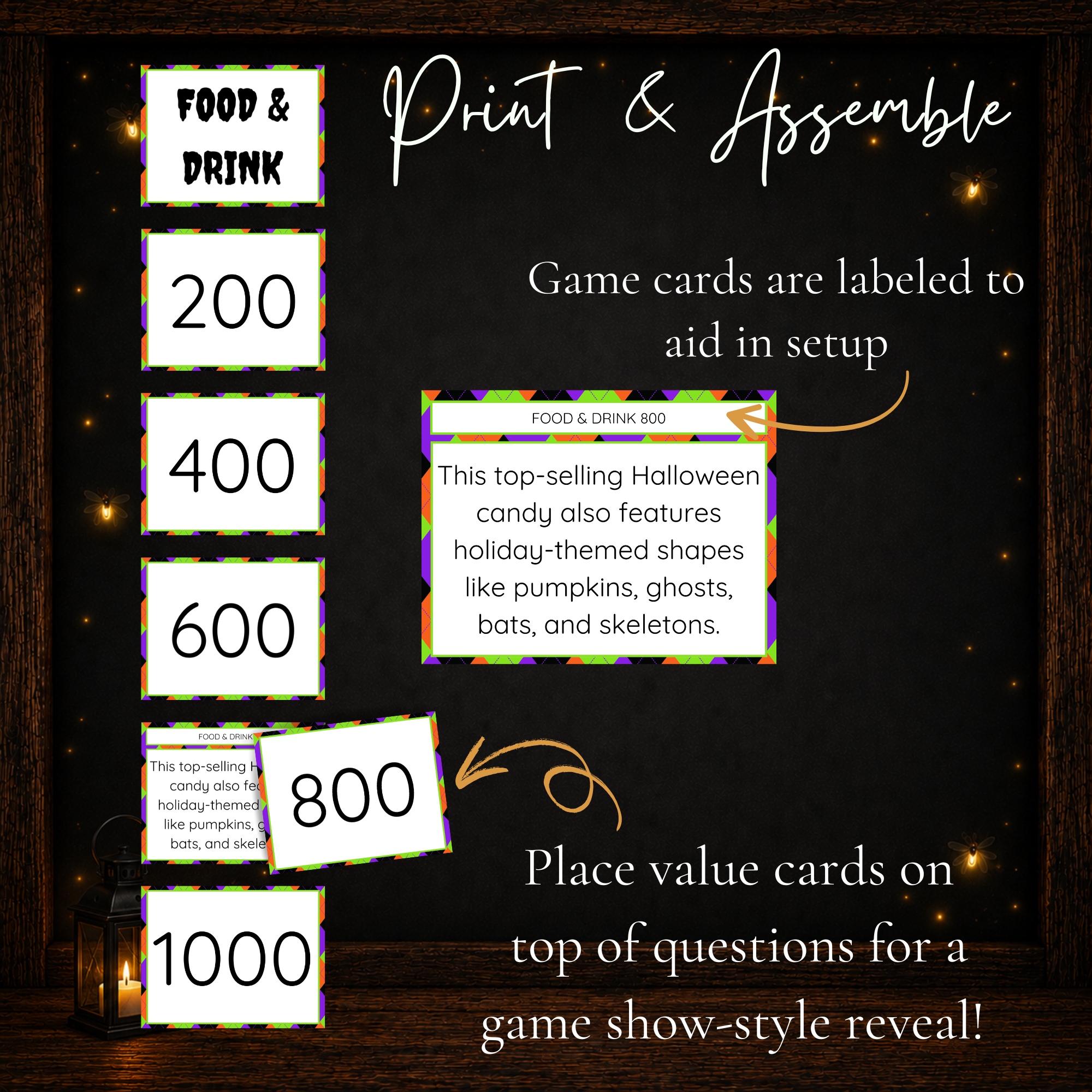Printable Halloween Jeoparty question and point value cards for game show style play