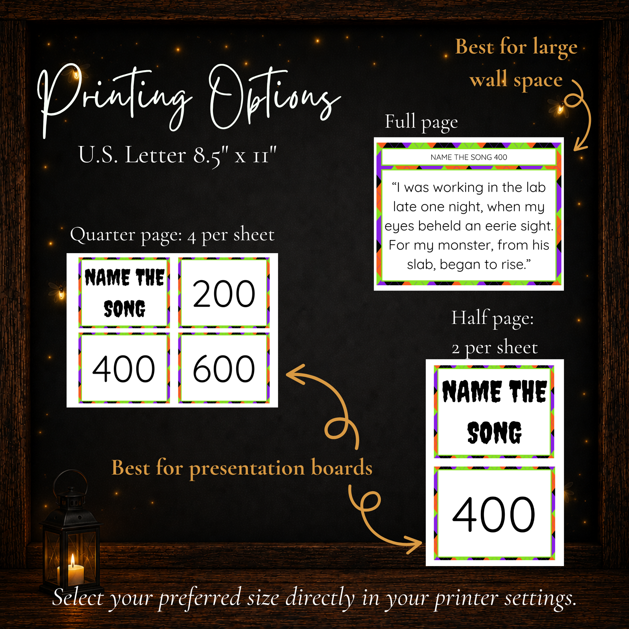 Halloween Jeoparty printable game card sizes with full page, half page and quarter page printing options