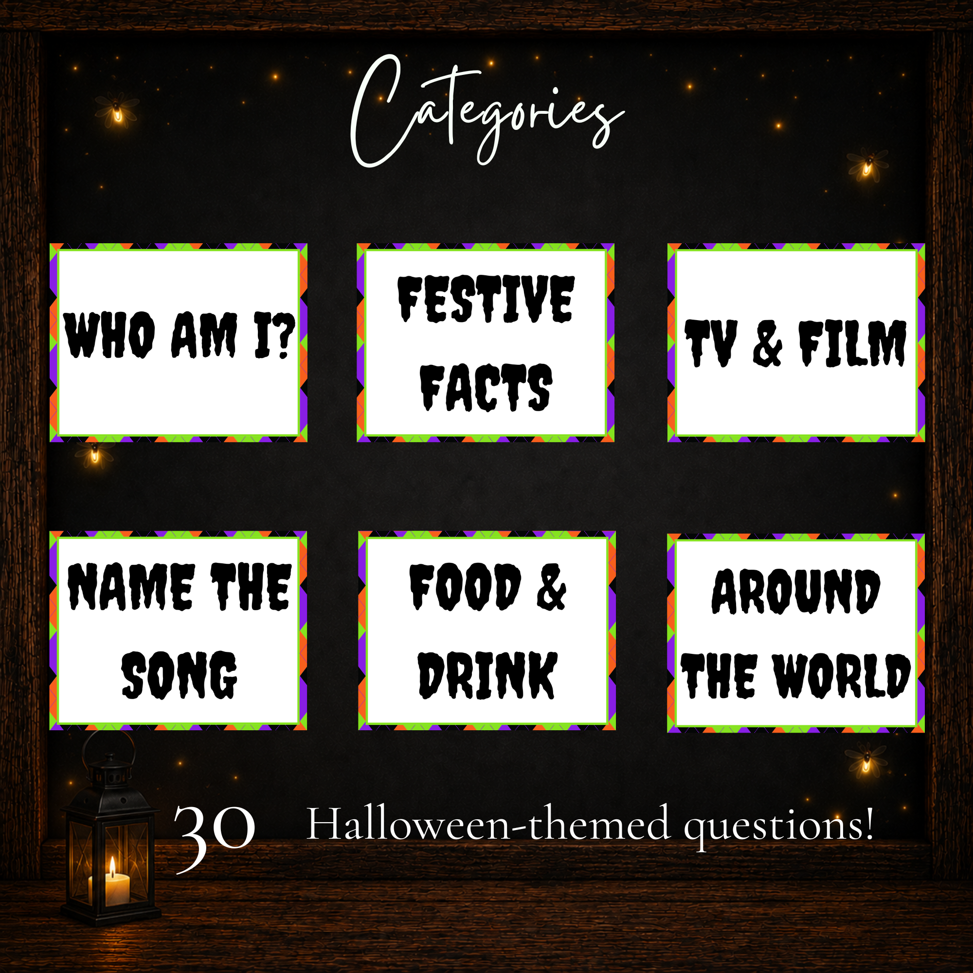 Halloween Jeoparty trivia categories including festive facts, TV and film, food and drink and more
