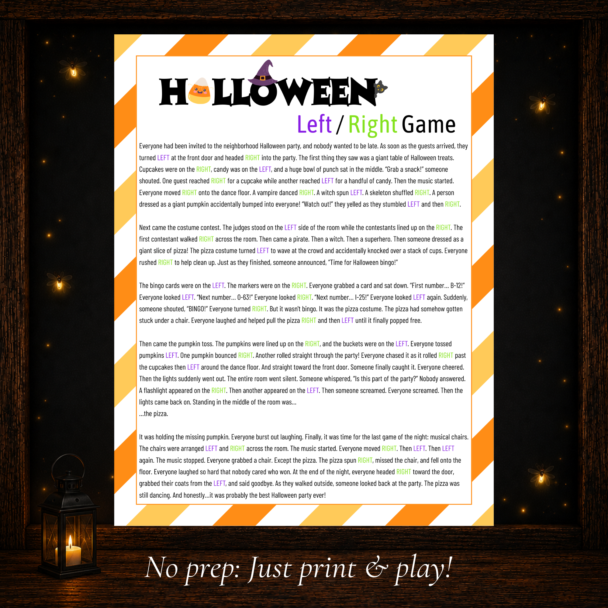 Printable Halloween Left Right Game story for a fun no-prep Halloween party activity