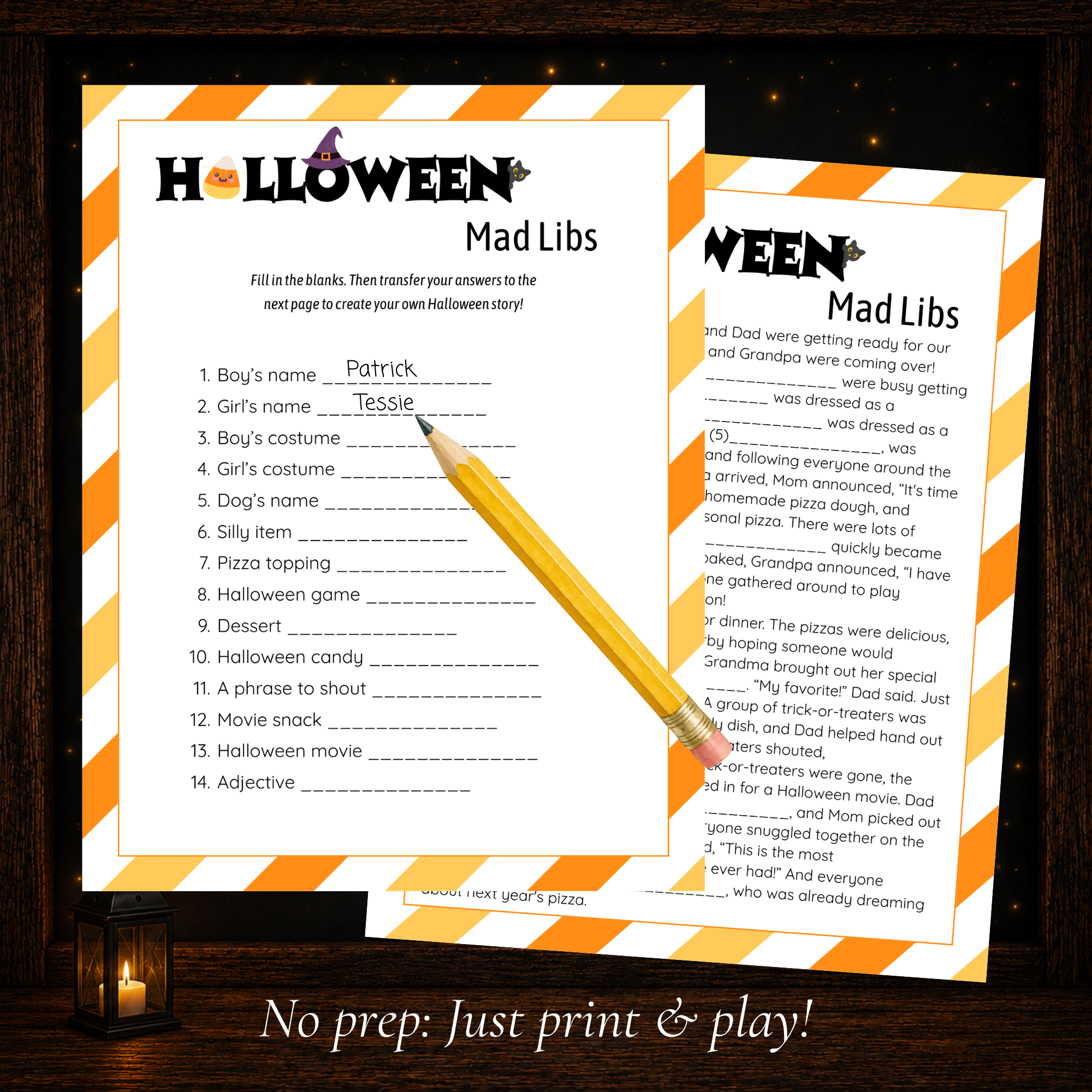 Two page Halloween Mad Libs printable game with word prompts and fill in the blank Halloween story