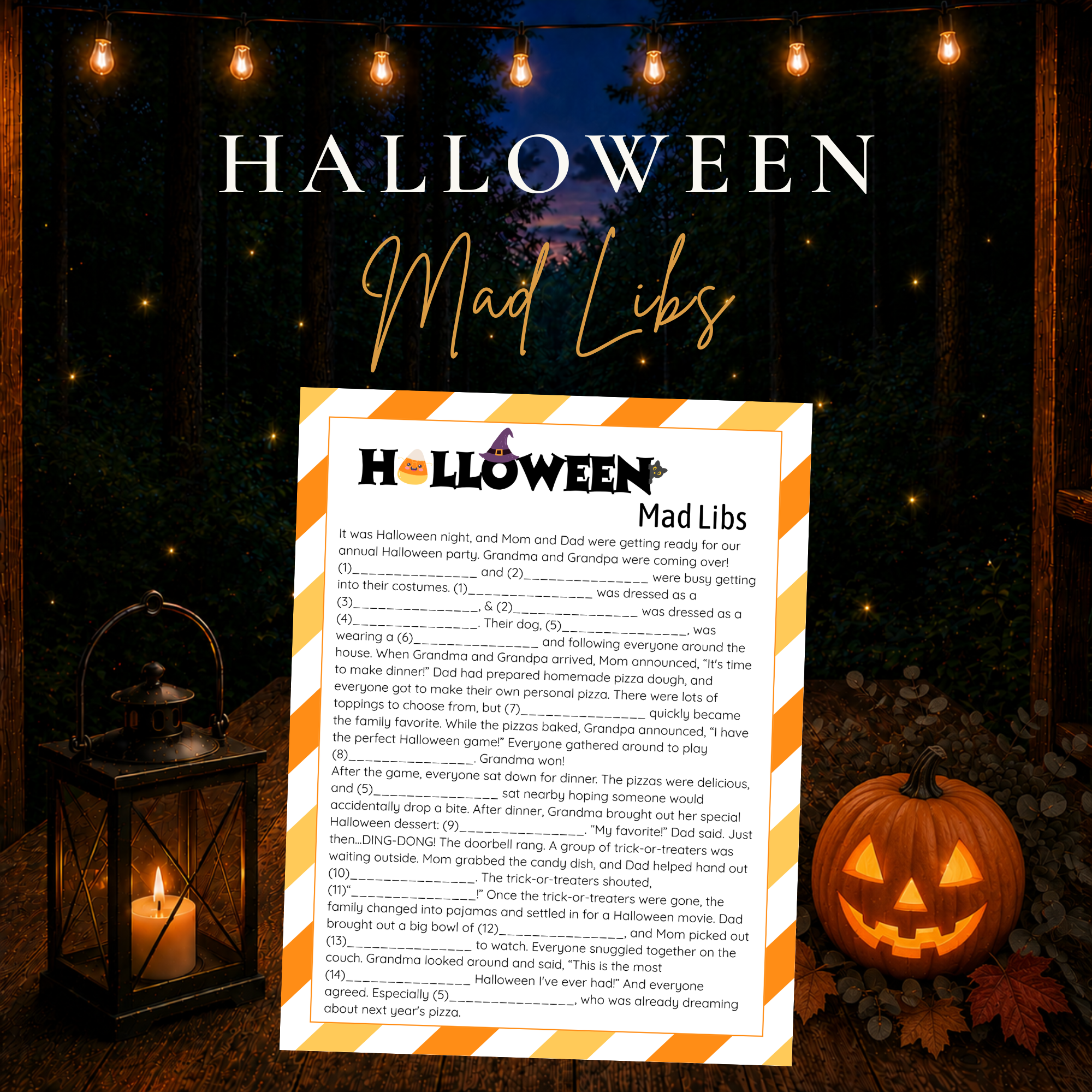 Halloween Mad Libs printable game with funny fill in the blank Halloween story for kids teens and families