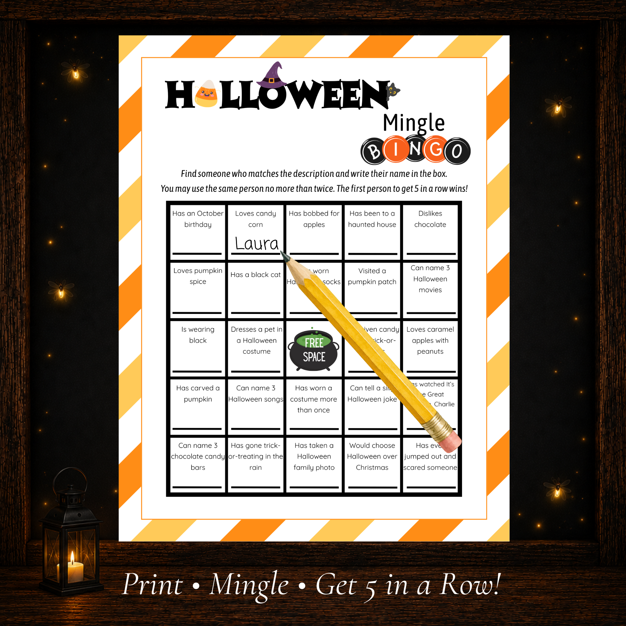 Halloween Mingle Bingo group icebreaker game where players find someone who matches each Halloween description