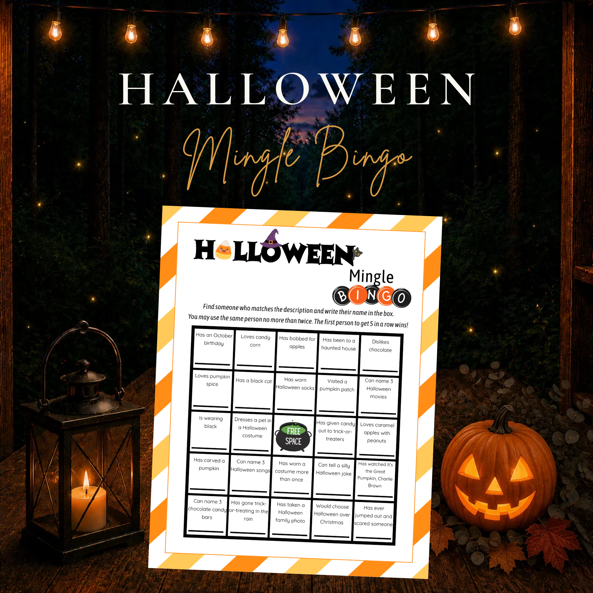 Halloween Mingle Bingo printable party game with Halloween-themed prompts for groups, families and classrooms