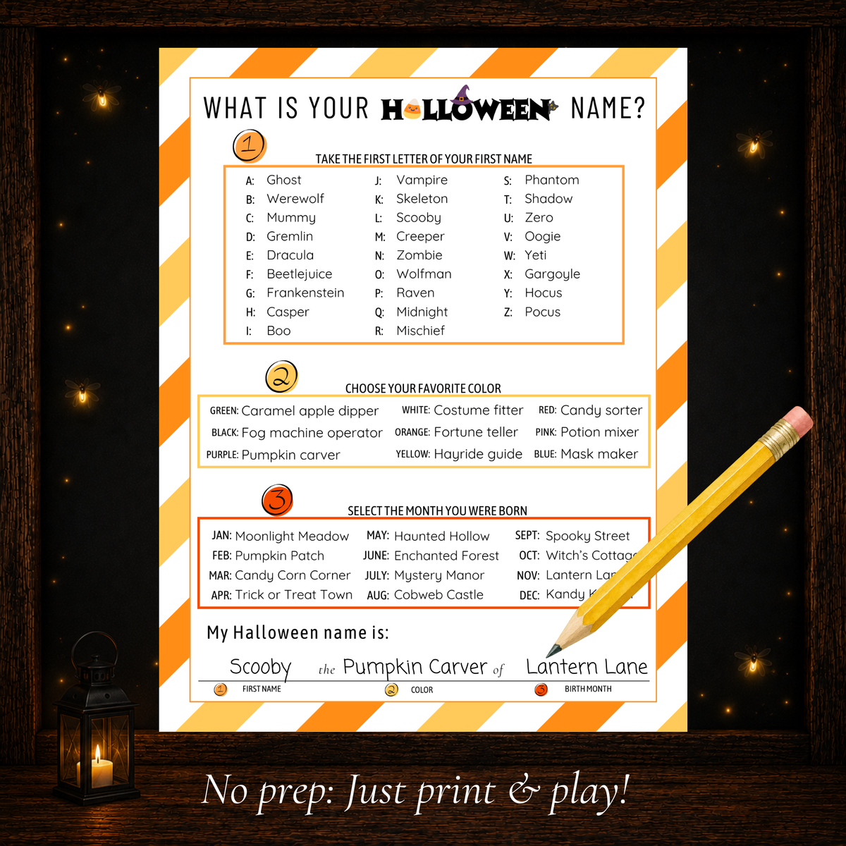 Printable Halloween name game using first name favorite color and birth month to create a funny Halloween name