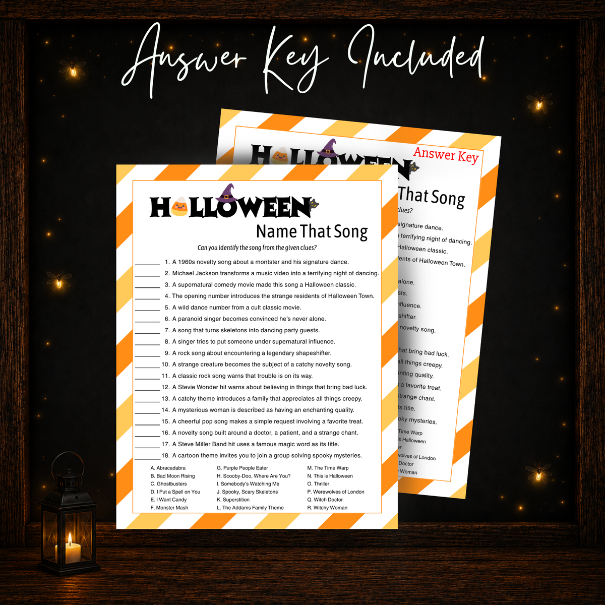 Halloween Name That Song printable music trivia game with answer key included