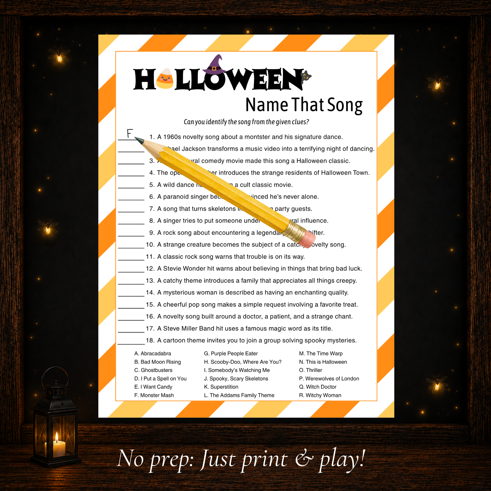Printable Halloween Name That Song game with 18 spooky song clues and multiple choice answers