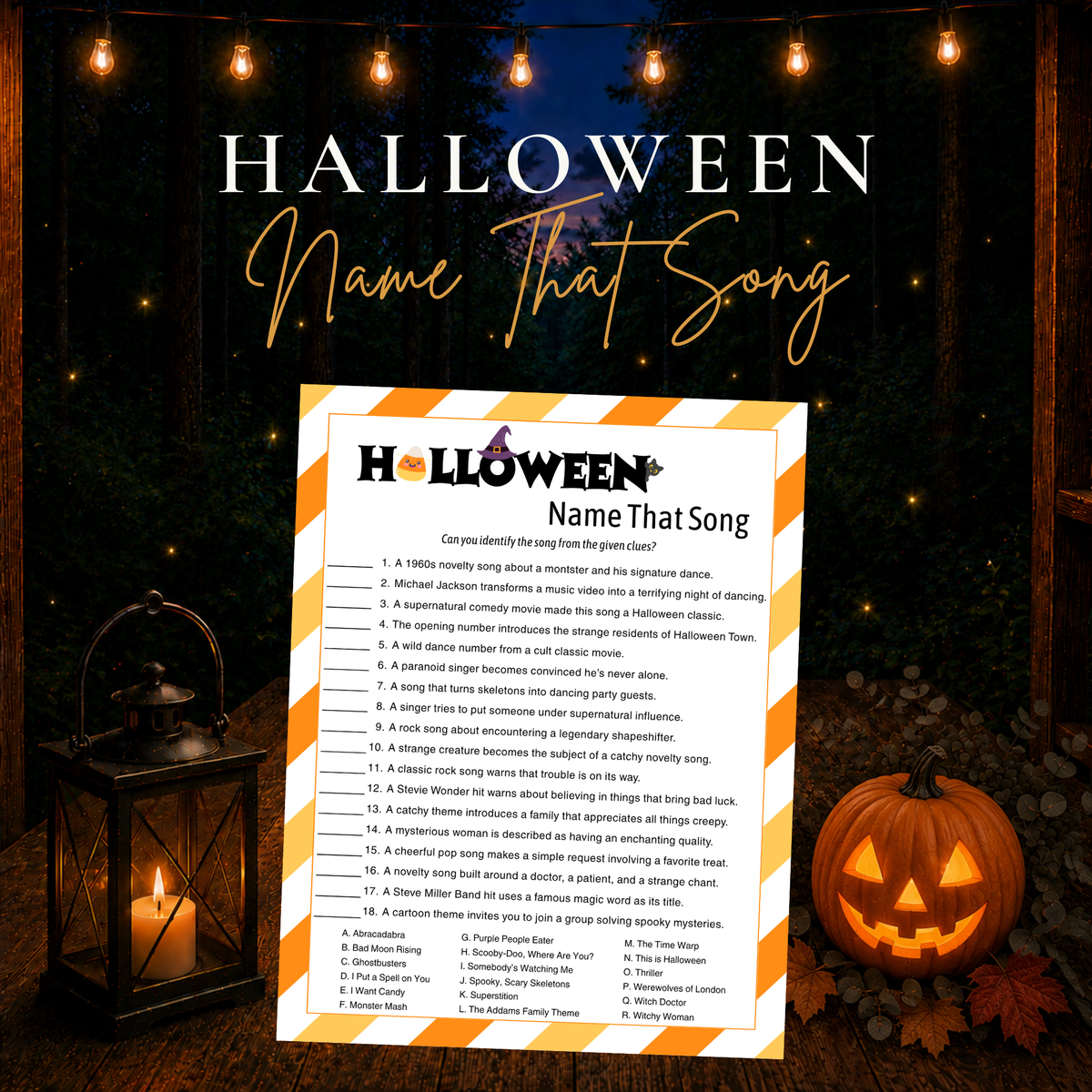 Halloween Name That Song printable music trivia game for parties families and classrooms