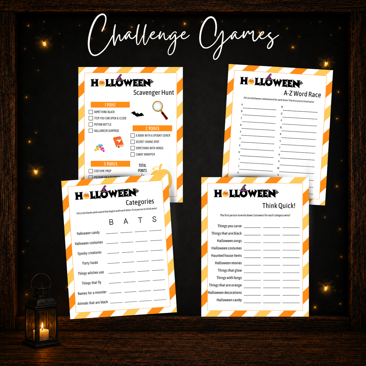 Halloween challenge games including Scavenger Hunt A-Z Word Race Categories and Think Quick
