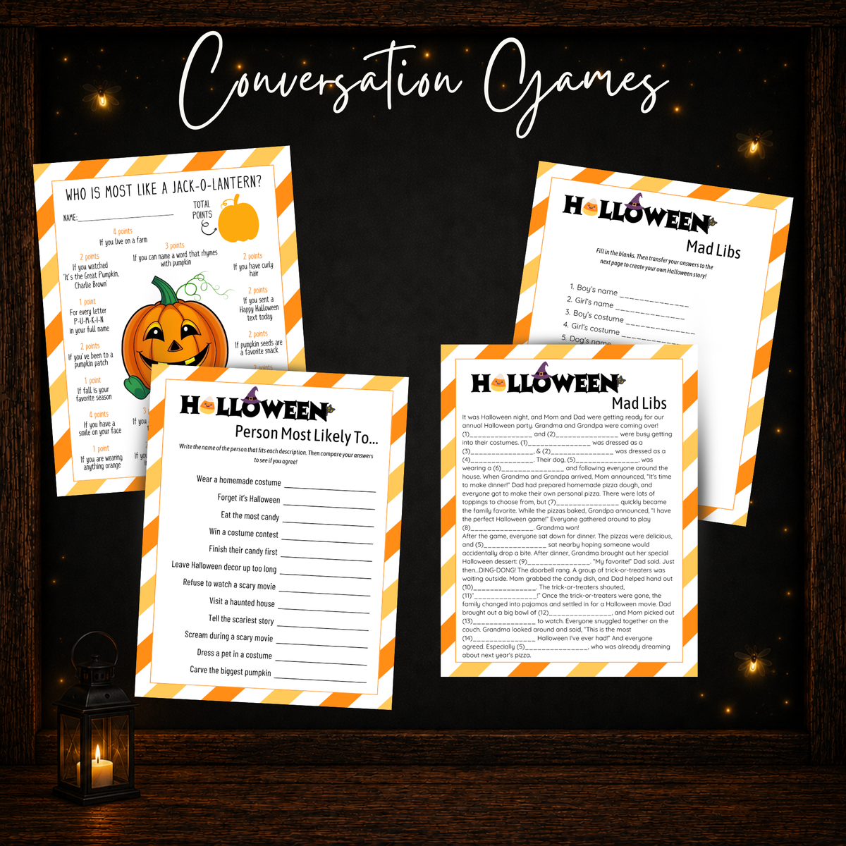 Halloween conversation games including Most Likely To Jack-O-Lantern game and Mad Libs