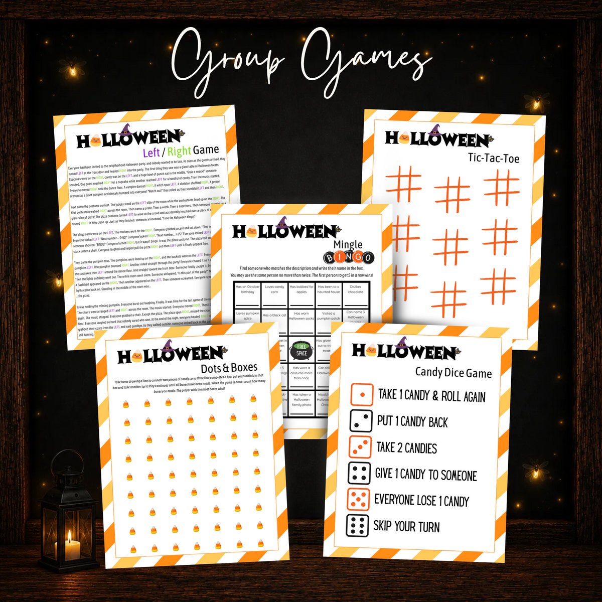 Halloween group games including Left Right Game Mingle Bingo Tic Tac Toe Dots and Boxes and Candy Dice