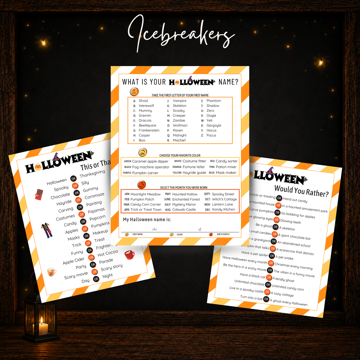 Halloween icebreaker games including This or That Halloween Name and Would You Rather