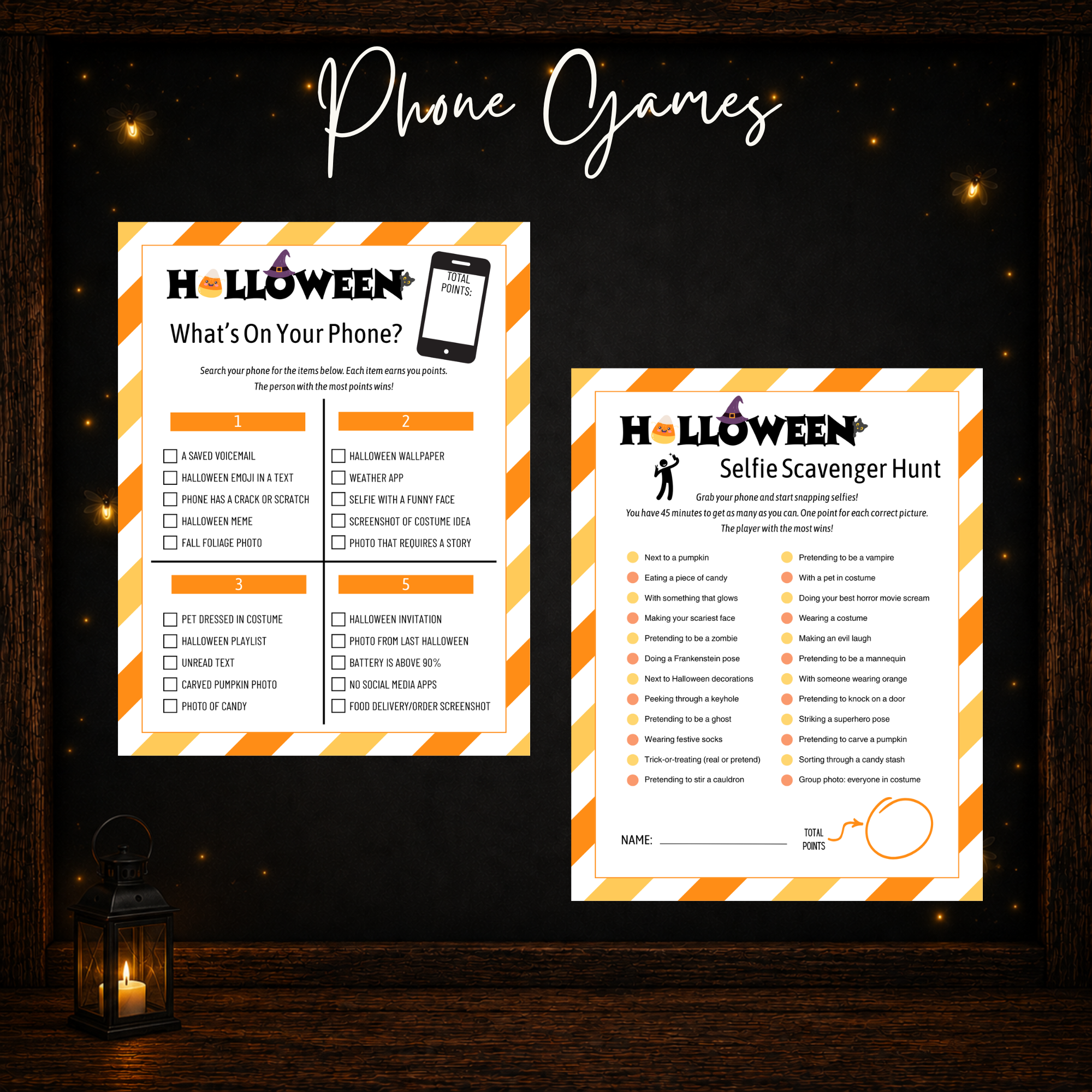Halloween What's On Your Phone and Selfie Scavenger Hunt printable party games