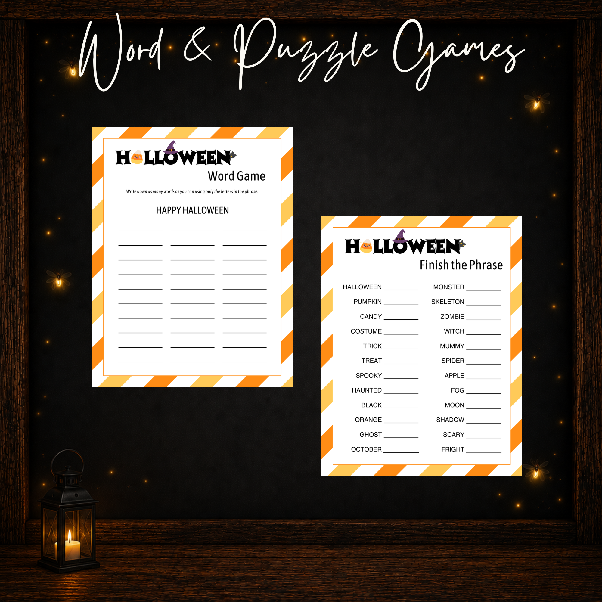 Printable Halloween word and puzzle games including Word Game and Finish the Phrase