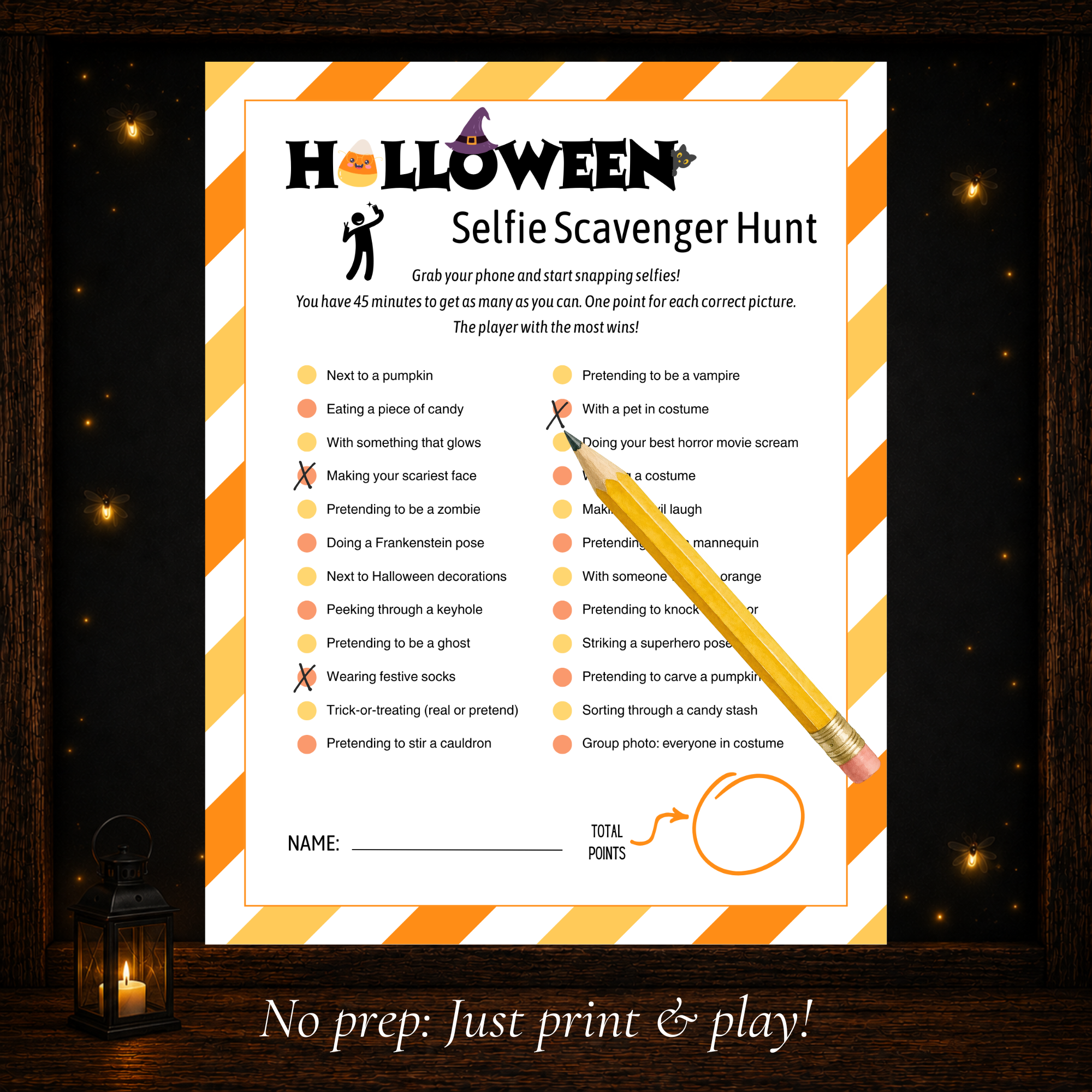 Printable Halloween Selfie Scavenger Hunt with photo challenges for an easy no-prep Halloween party game