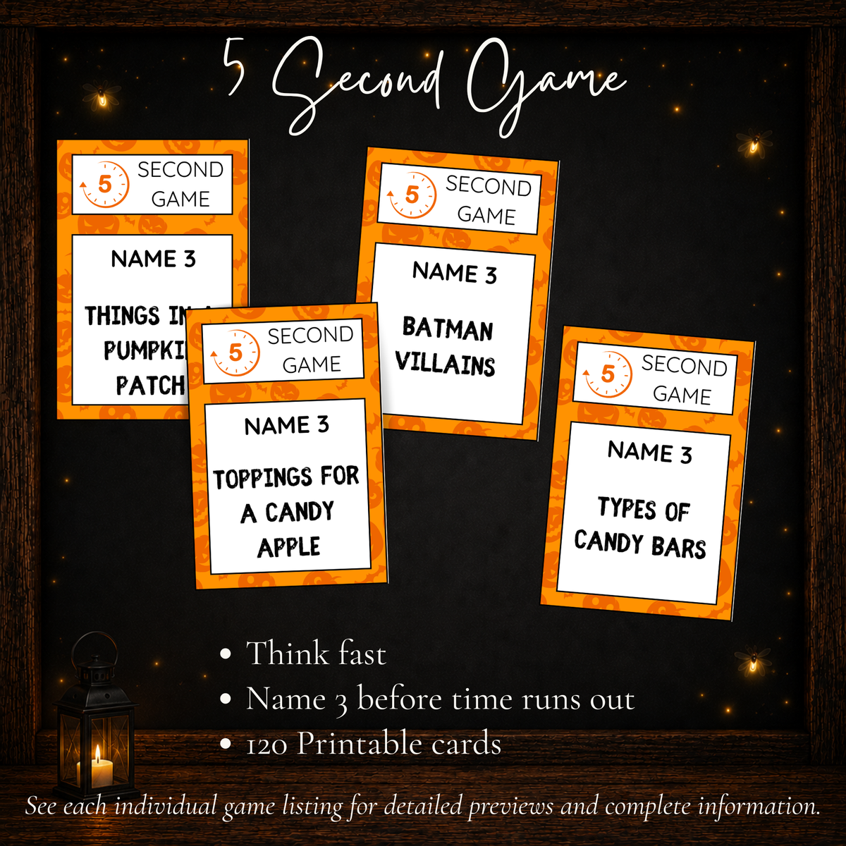 Halloween 5 Second Game with 120 printable quick-thinking challenge cards for parties and family game nights