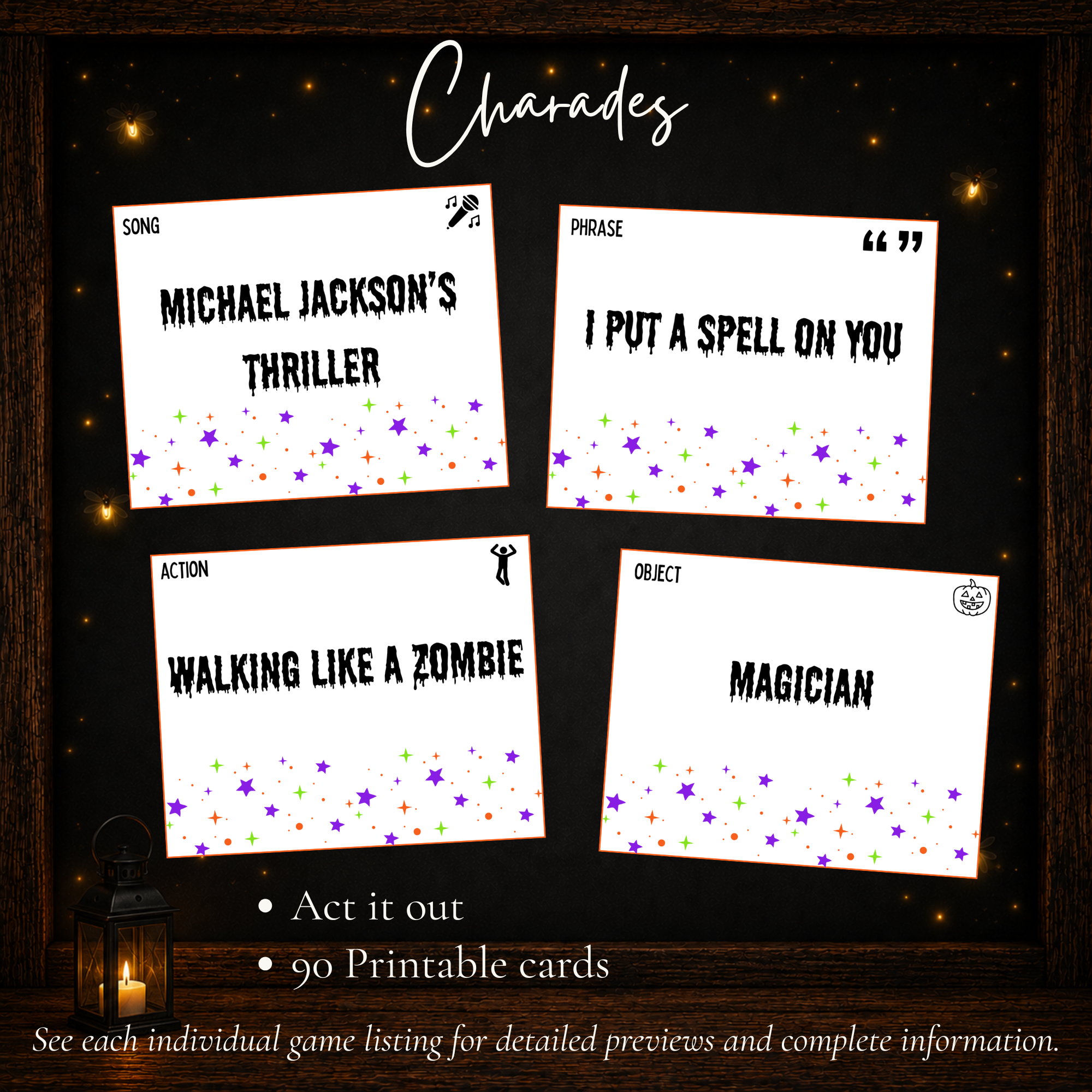 Halloween Charades printable party game with 90 acting cards featuring songs, phrases, actions and objects